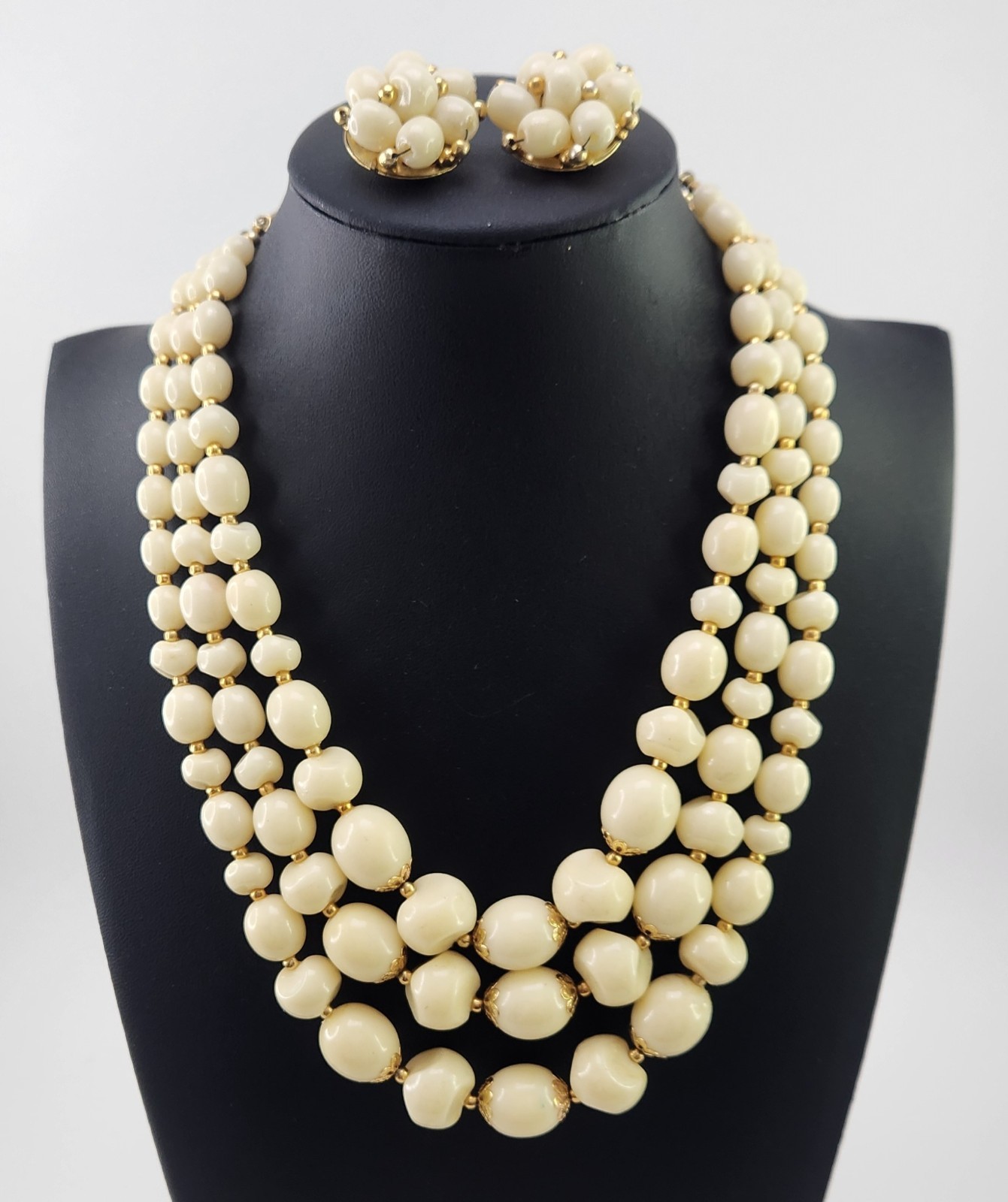3 Strand Ivory and Gold Acrylic Bead Necklace Clip Earrings Set 1950s Hong Kong