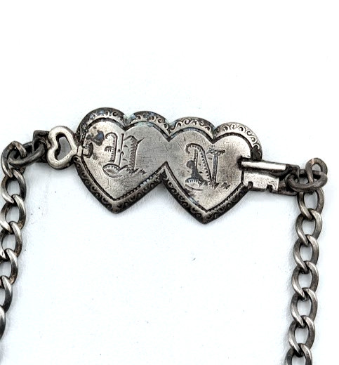 Vintage Sterling Silver Sweetheart ID Bracelet Double Heart HN Monogram