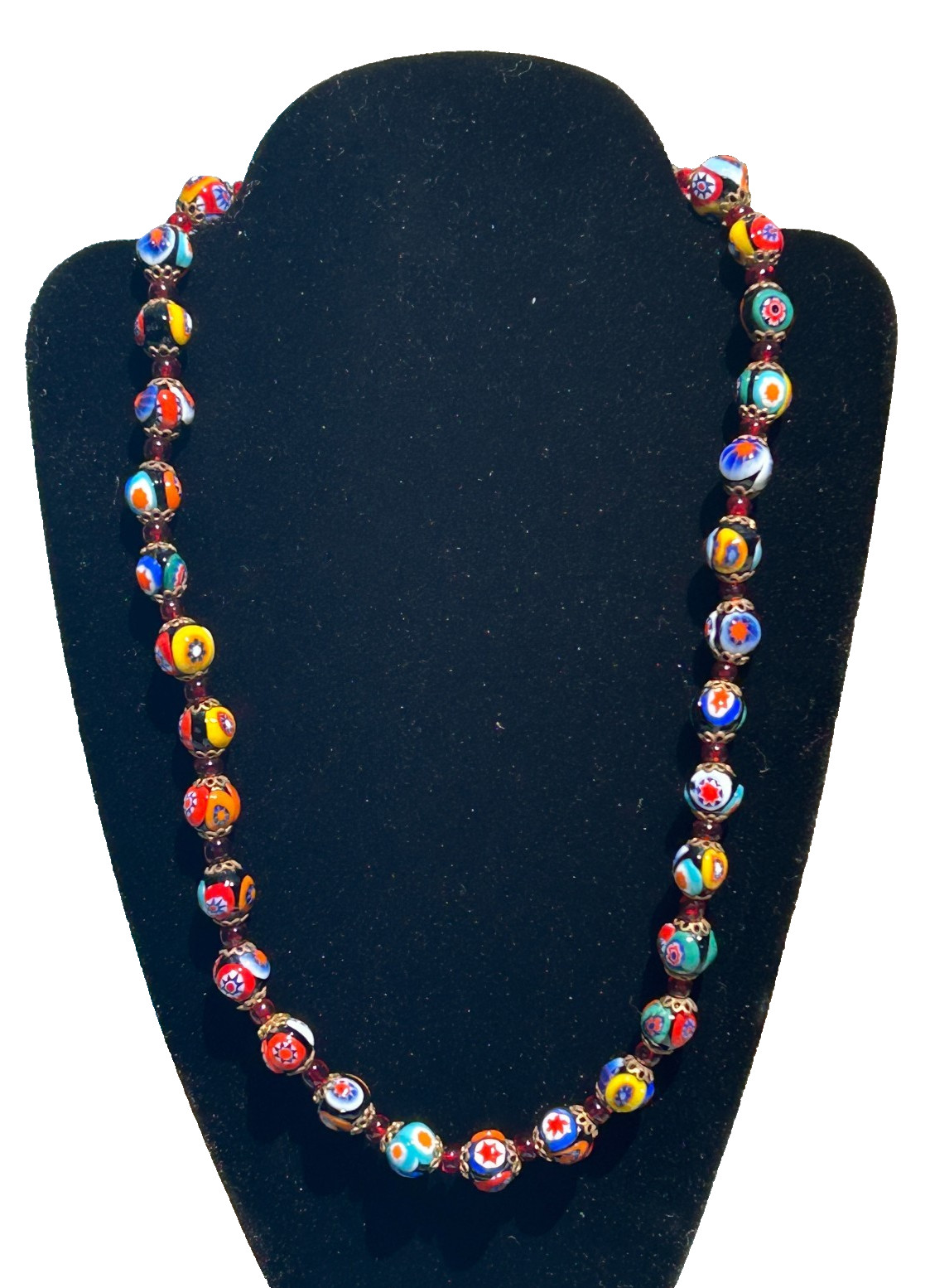 Millefiori Murano Venetian Glass Bead Necklace Italy Barrel 9 mm 17.5″ Long VTG