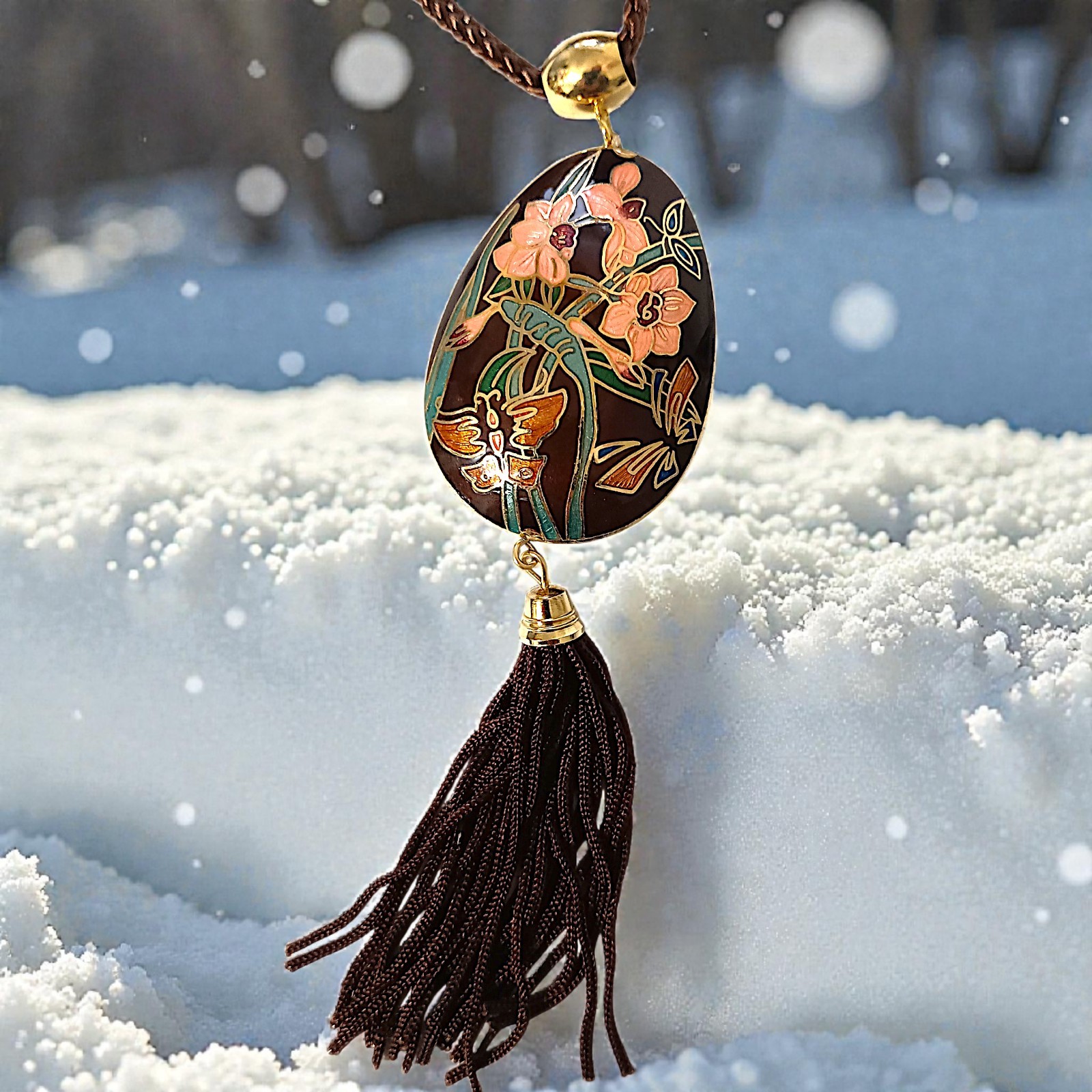 Vtg Butterfly Cloisonne Necklace 70s Pendant Tassel Woven Cord Brown Dual Sided