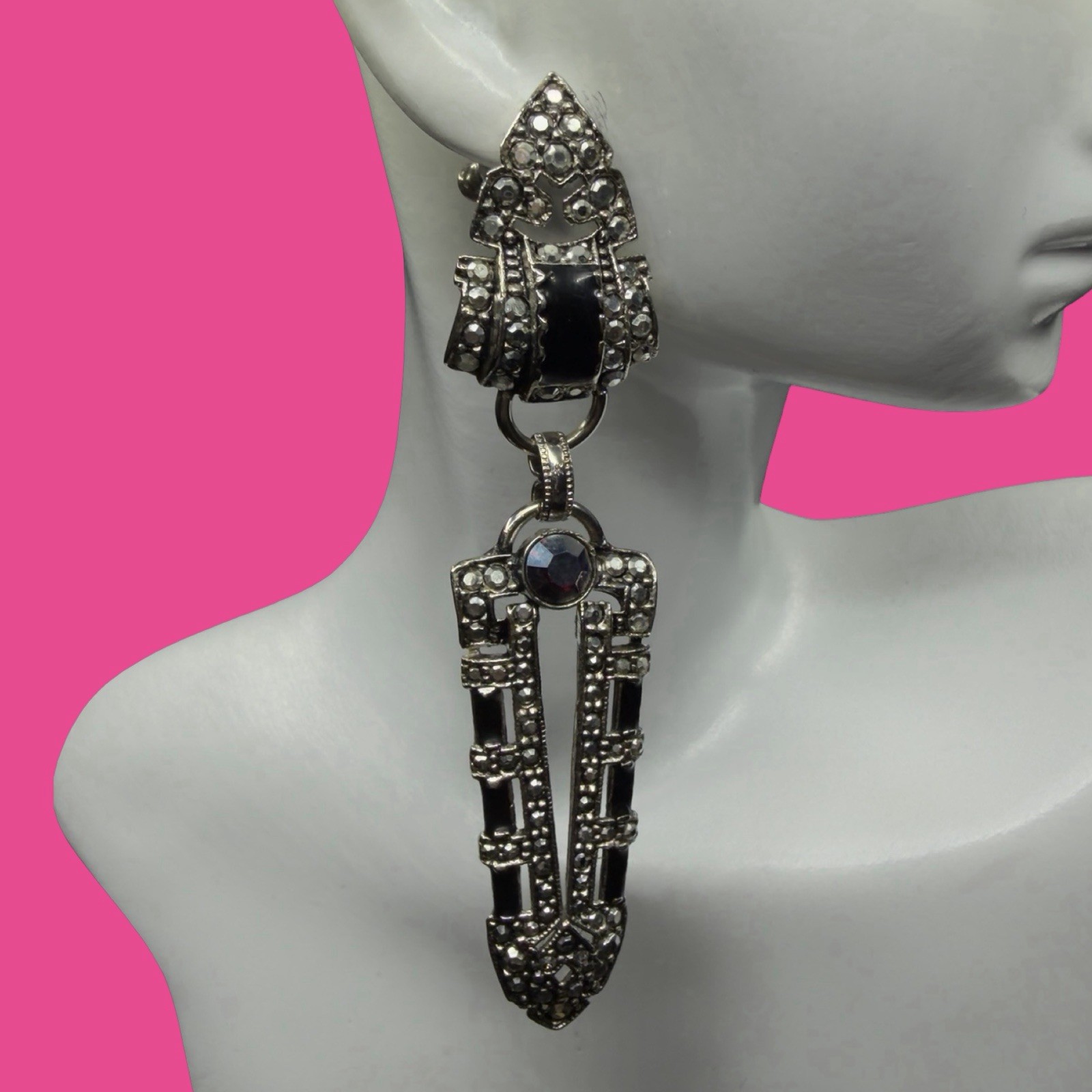Vintage Signed▪️ KIRKS FOLLY Black Marcasite ART DECO Rhinestone DANGLE Earrings