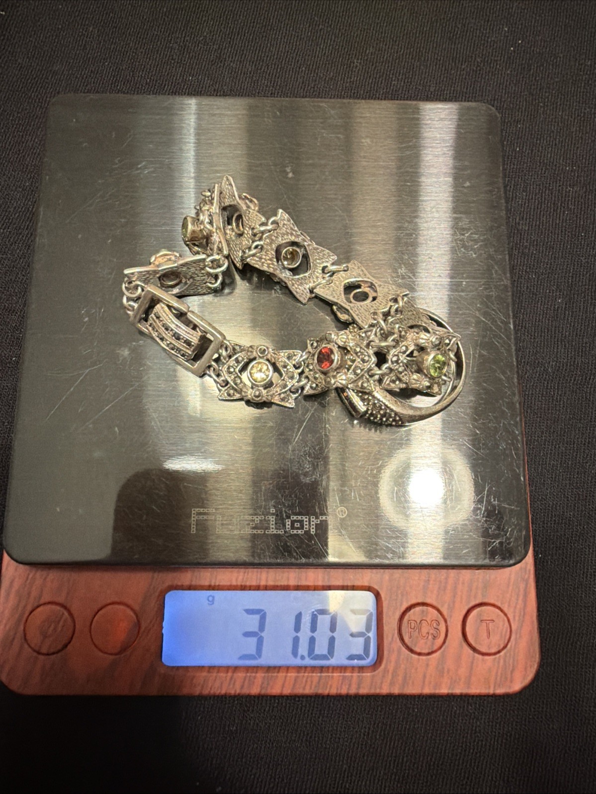 925Sterling Silver Multigemstone Marcasite Vintage Tennis Bracelet And Ring Set