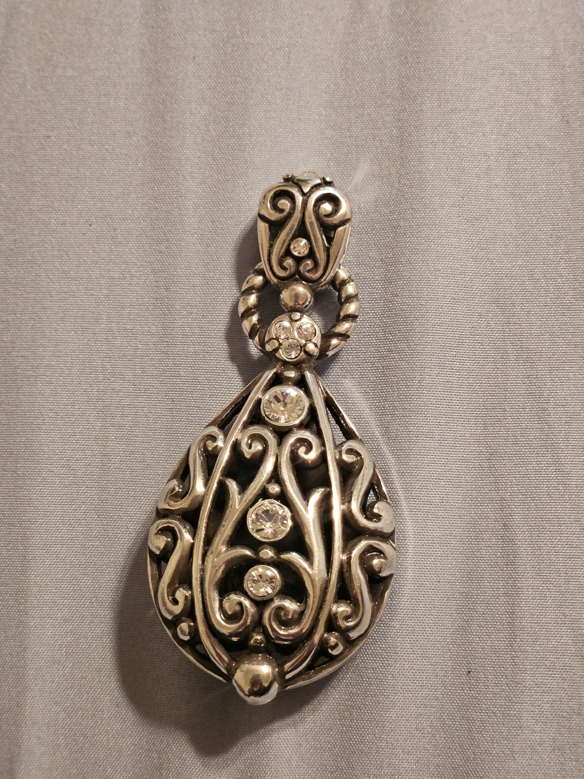 Antique Silver Pewter, Crystals – Filigree Teardrop Pendant Charm