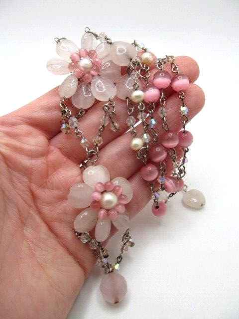 Stunning Pearl Pink Cats Eye Pink Quartz Stone Heart Flower Lariat Necklace