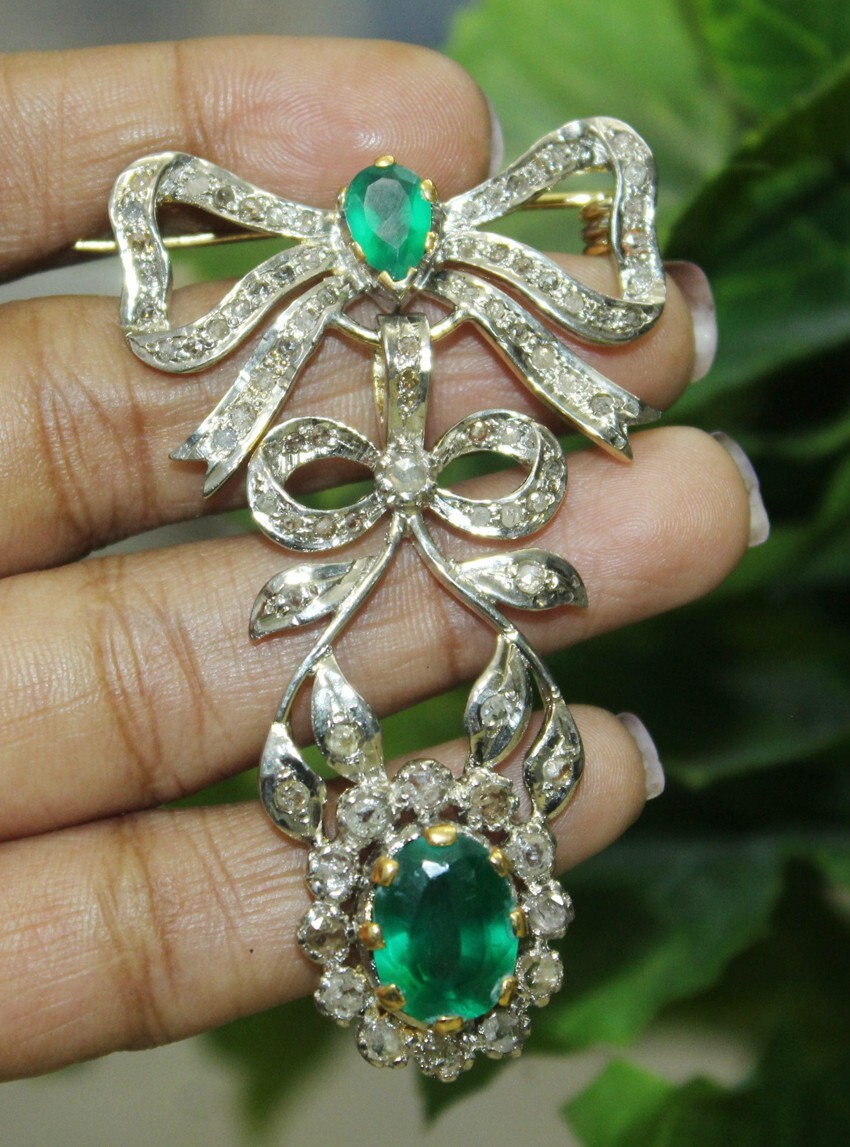 2.20ct Rose Cut Diamond Emerald Antique Victorian Look 925 Silver Brooch