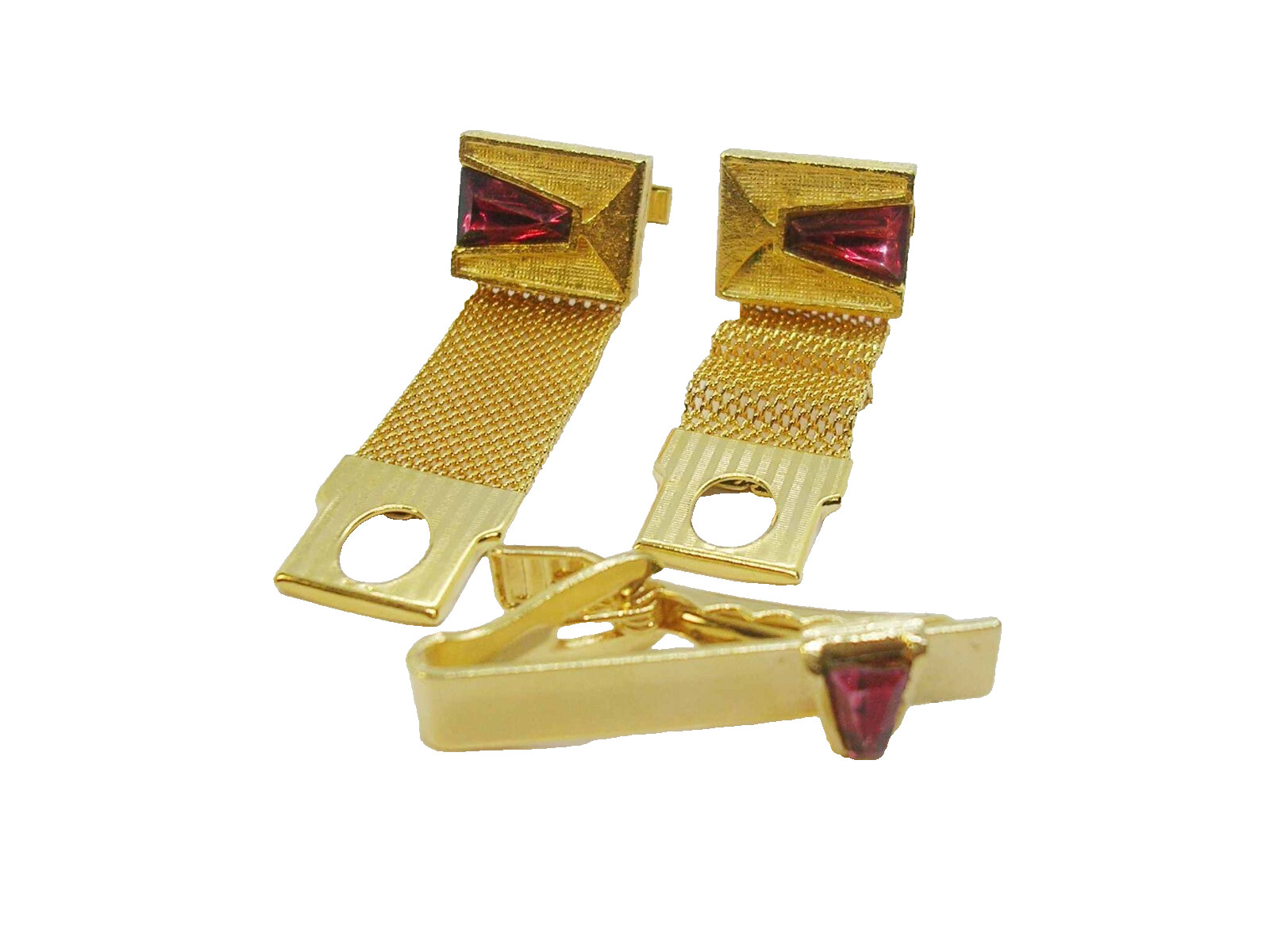 Vintage Cuff Links Tie Clip Set gold tone Mesh Wrap Formal Wear Suit Accessory