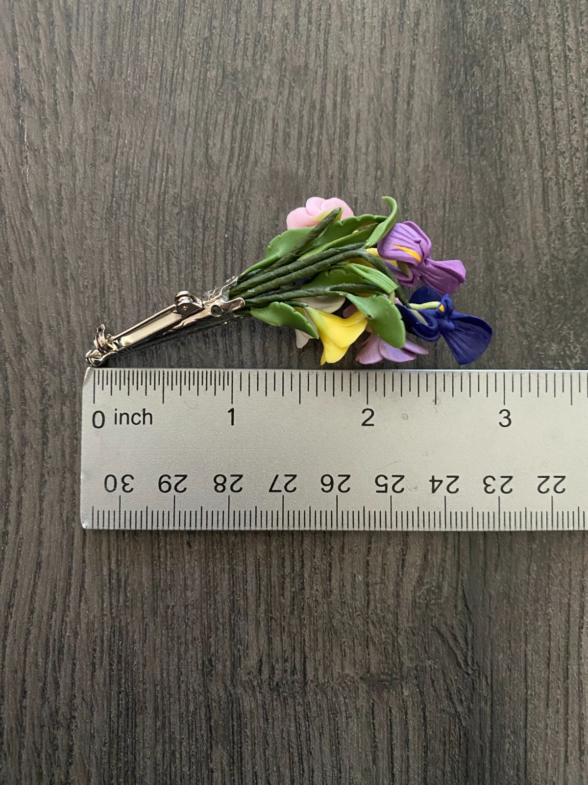 Vintage Celluloid/Hard Plastic Pansy & Iris Bouquet in Vase Flower Brooch Pin