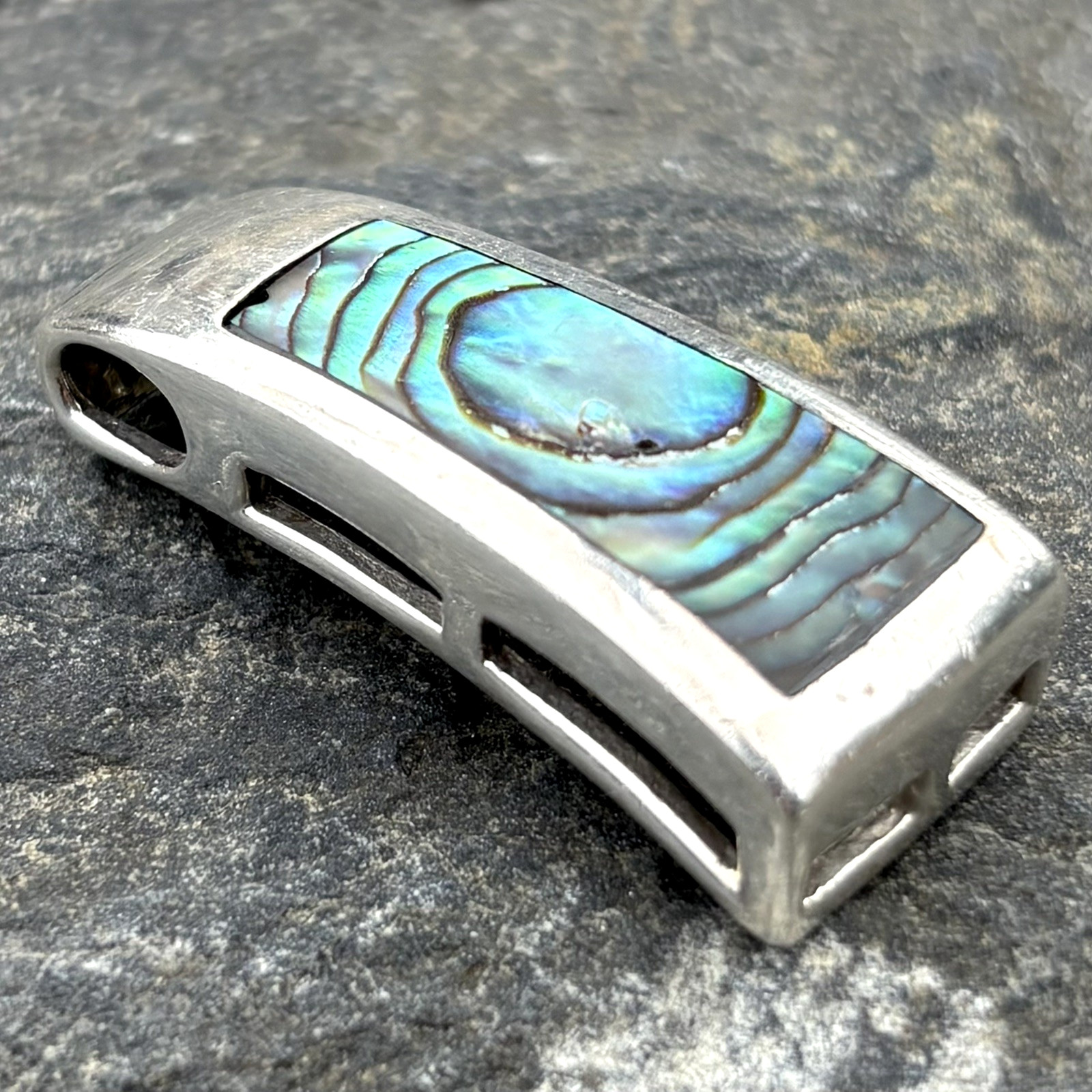 Vtg Sterling Silver Abalone Paua Shell Rectangle Bar Drop Modernist Pendant RARE