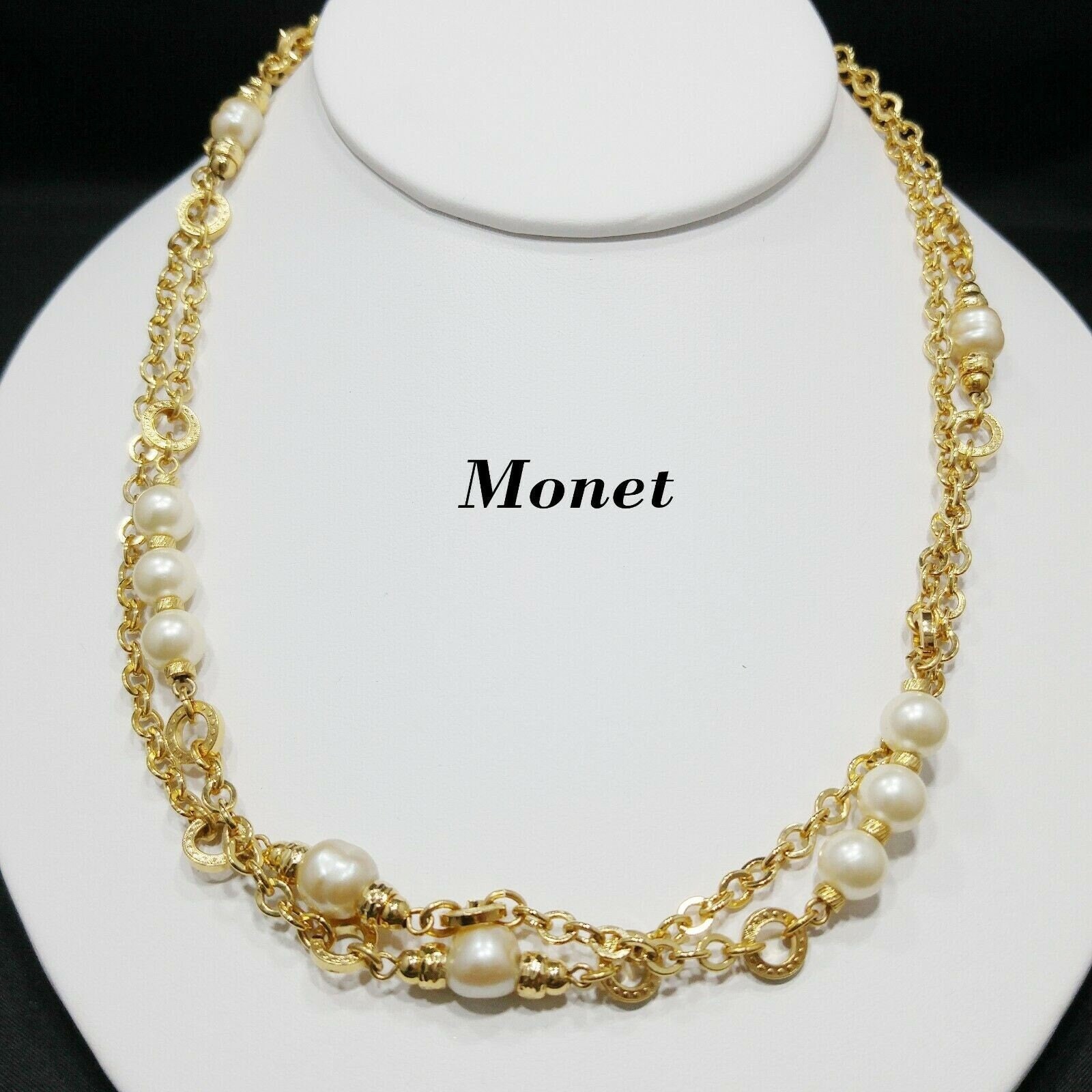 Vintage Monet Long Gold Chain Necklace Faux Pearls 1970s Sister Clasp 36″