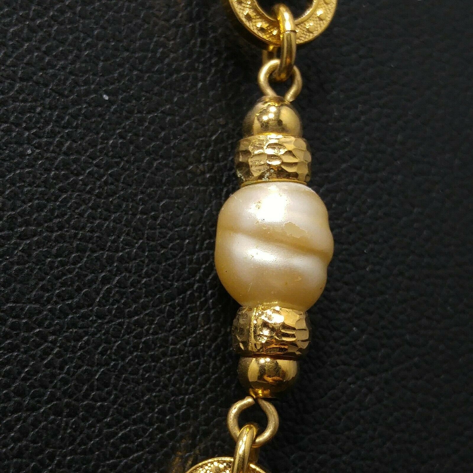 Vintage Monet Long Gold Chain Necklace Faux Pearls 1970s Sister Clasp 36″