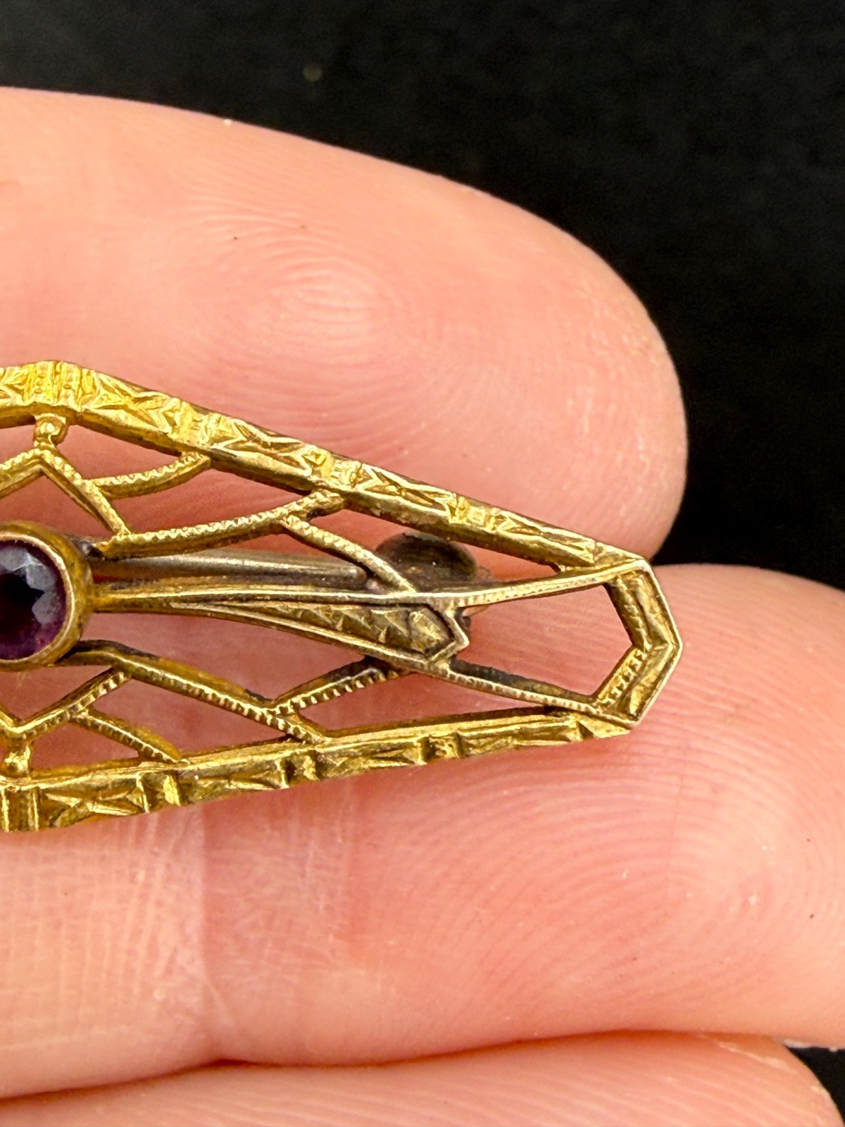 Vintage Gold Filled Filigree Brooch Rhinestone Purple