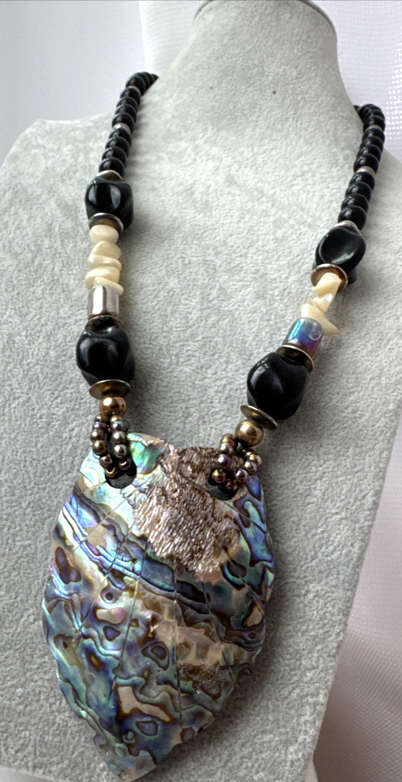 WOW Brutalist Modernist statement Necklace Jewelry VTG Goth shell Witchy Abalone