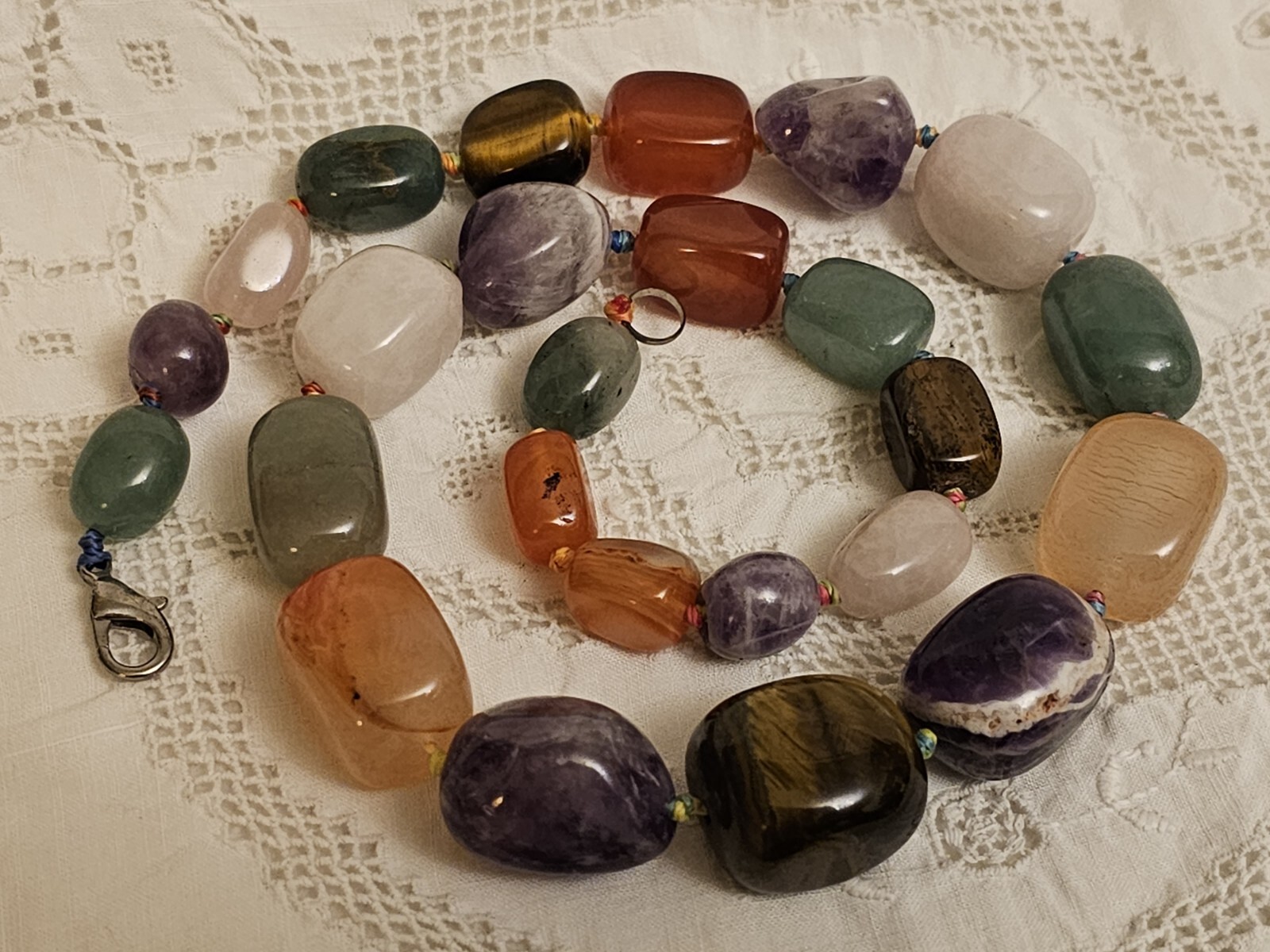Vintage Natural Carnelian Agate Jade Aventurine Tiger’s Eye Bead Necklace