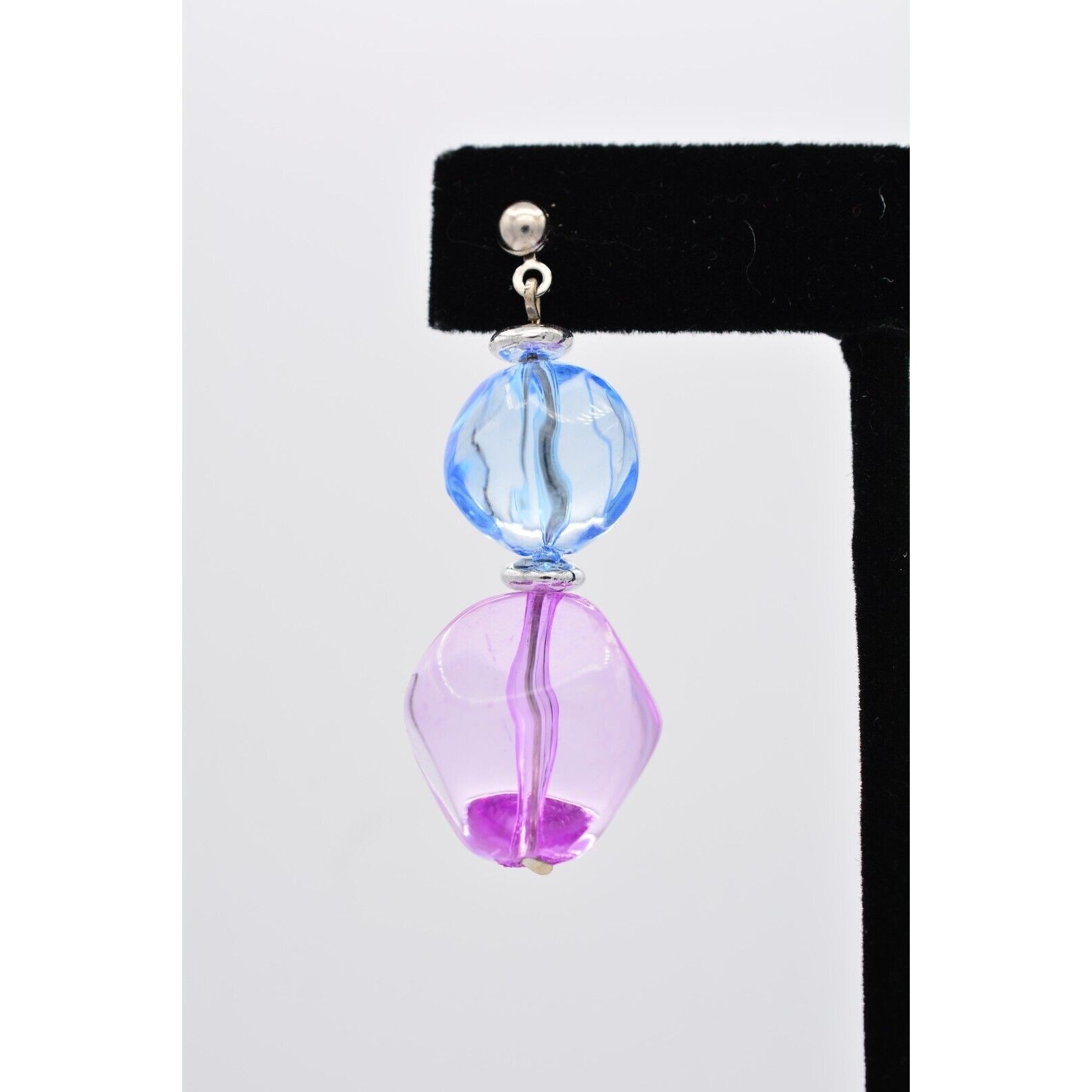 Vintage Lucite Beaded Dangle Earrings Blue Juicy Pink Drop Chunky Bright 80s W1