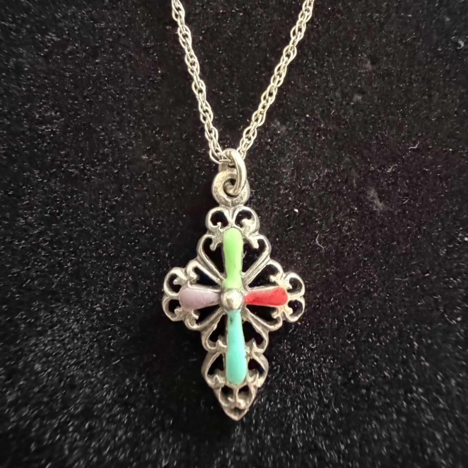 Vintage Sterling Silver Enamel Cross Pendant Necklace Filigree Multicolor 19″