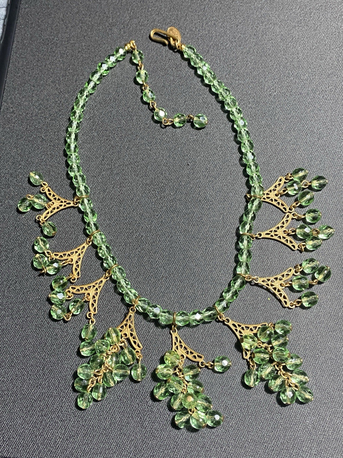 Vintage MIRIAM HASKELL Green Faceted Bead Fringe Adjustable Necklace