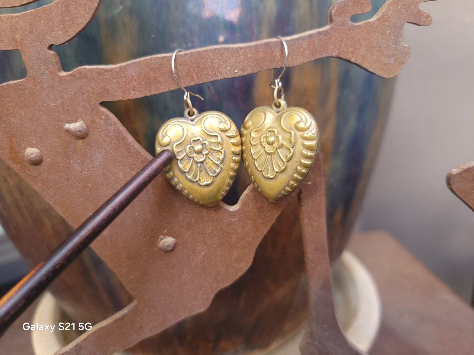 Vtg Pididdly Links Dangle Earrings Brass Puffed Hearts Nouveau Victorian Ornate