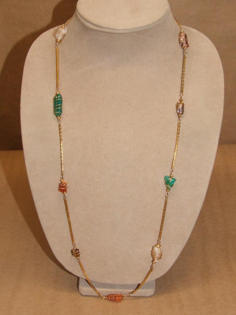 Vintage 80s Goldtone Wire Wrap Caged Agate Quartz Gemstone Box Link Necklace 30″