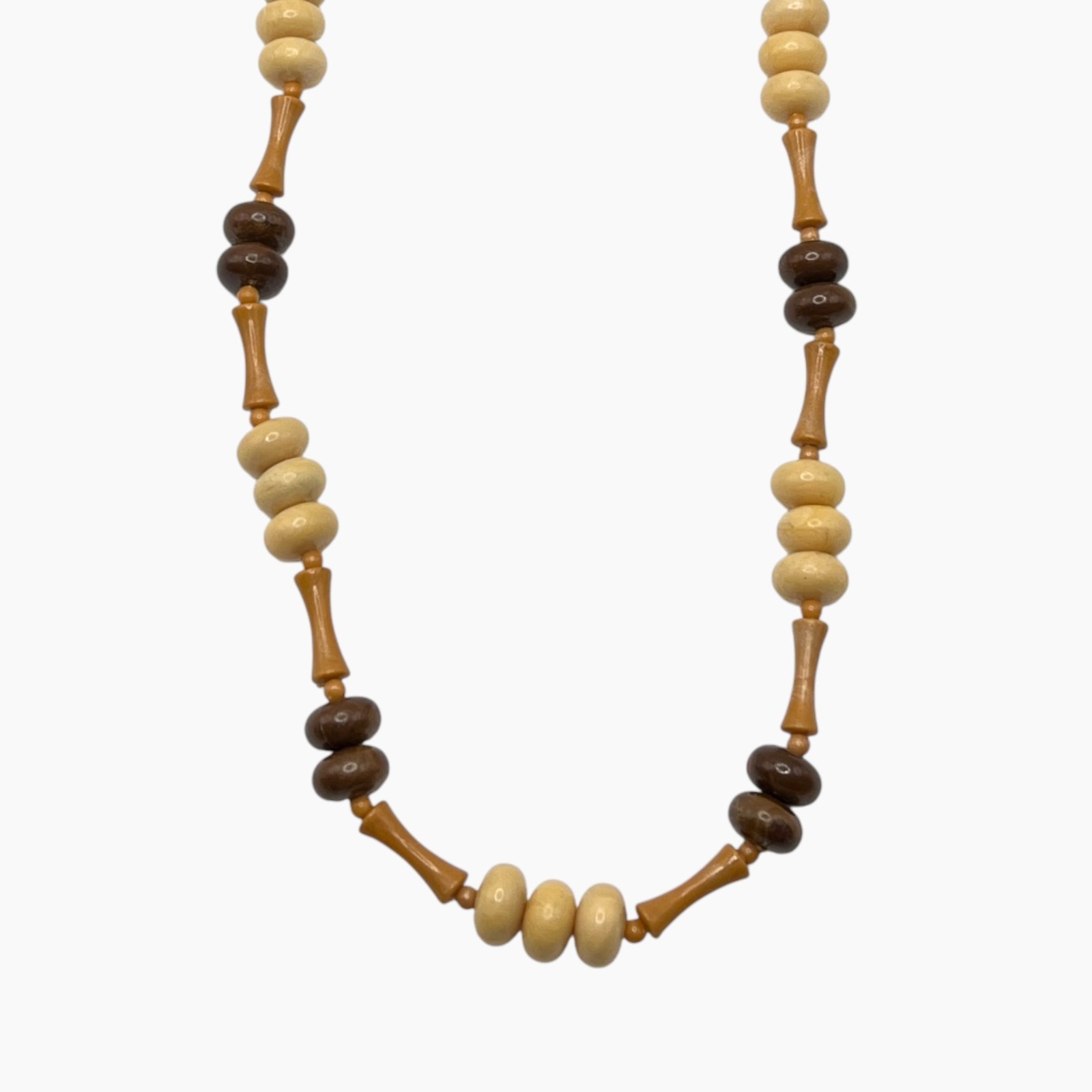 VTG Necklace Plastic Beads Brown Beige Earth Tones Hippie Tiki 19″ Lightweight