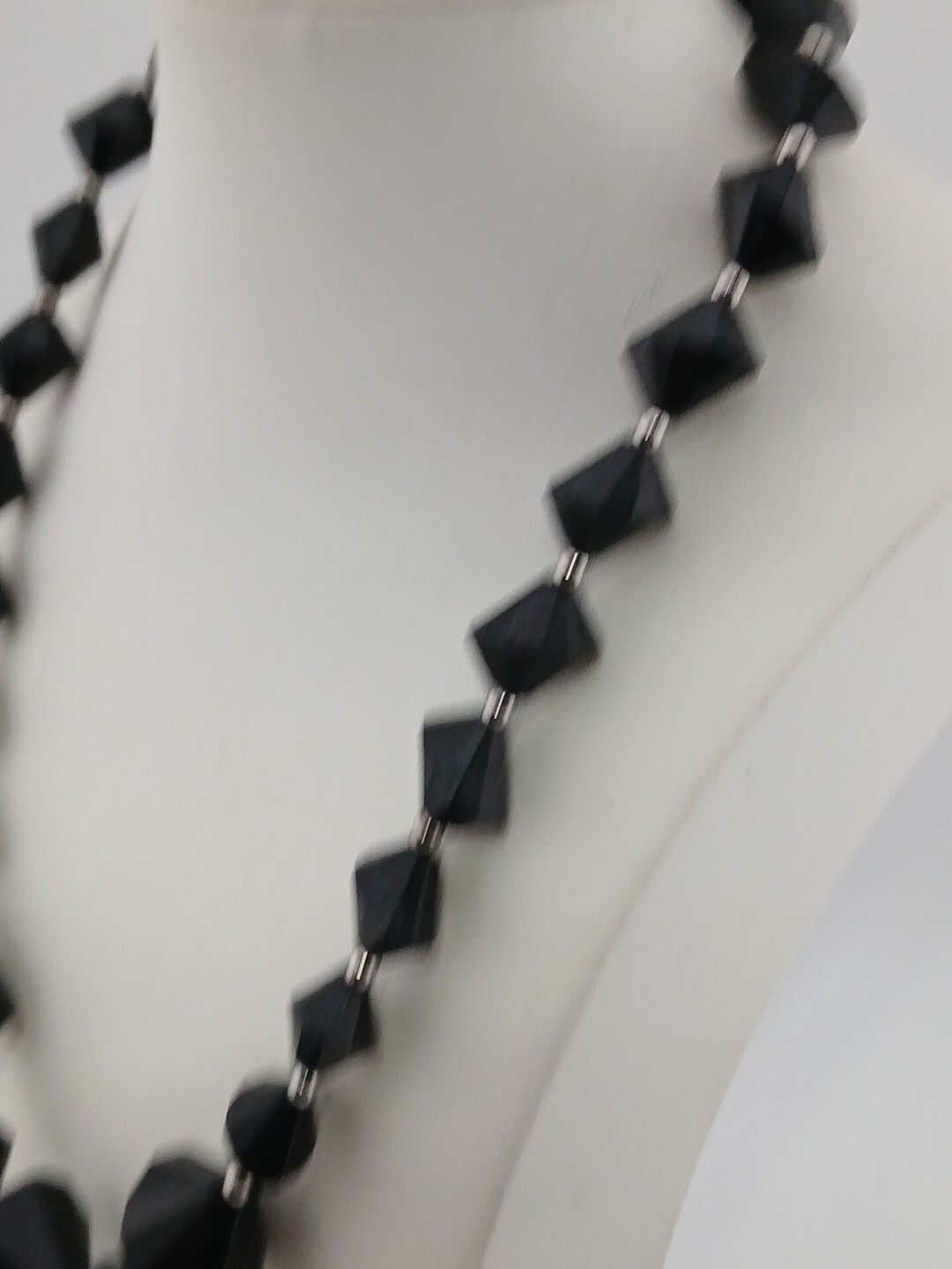 TRIFARI vintage black lucite bicone graduated beads silver tone accents necklace