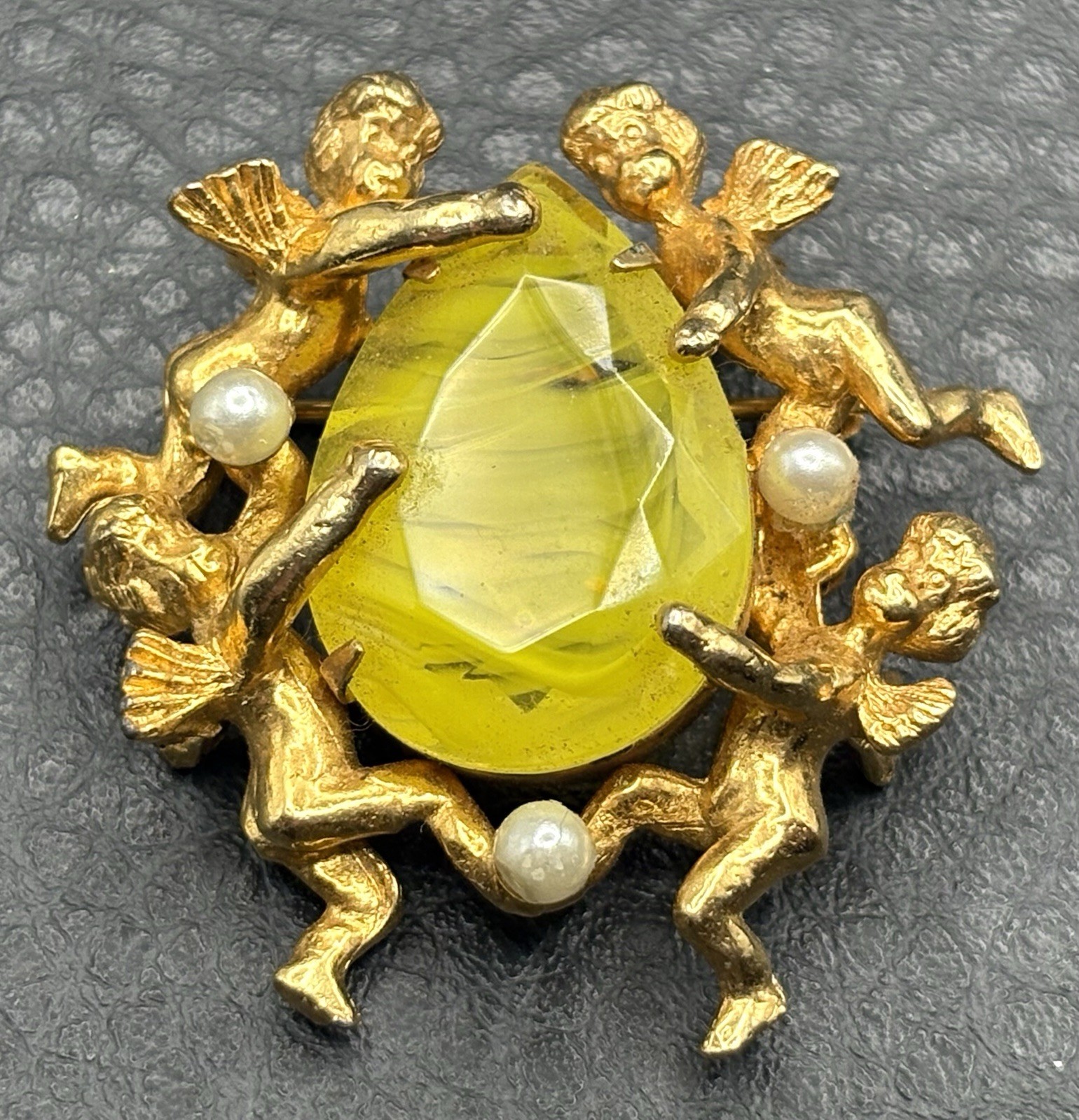 Vintage Jeanne Brooch Cherub Angel Marbled Swirl Yellow Rhinestone Nouveau Style