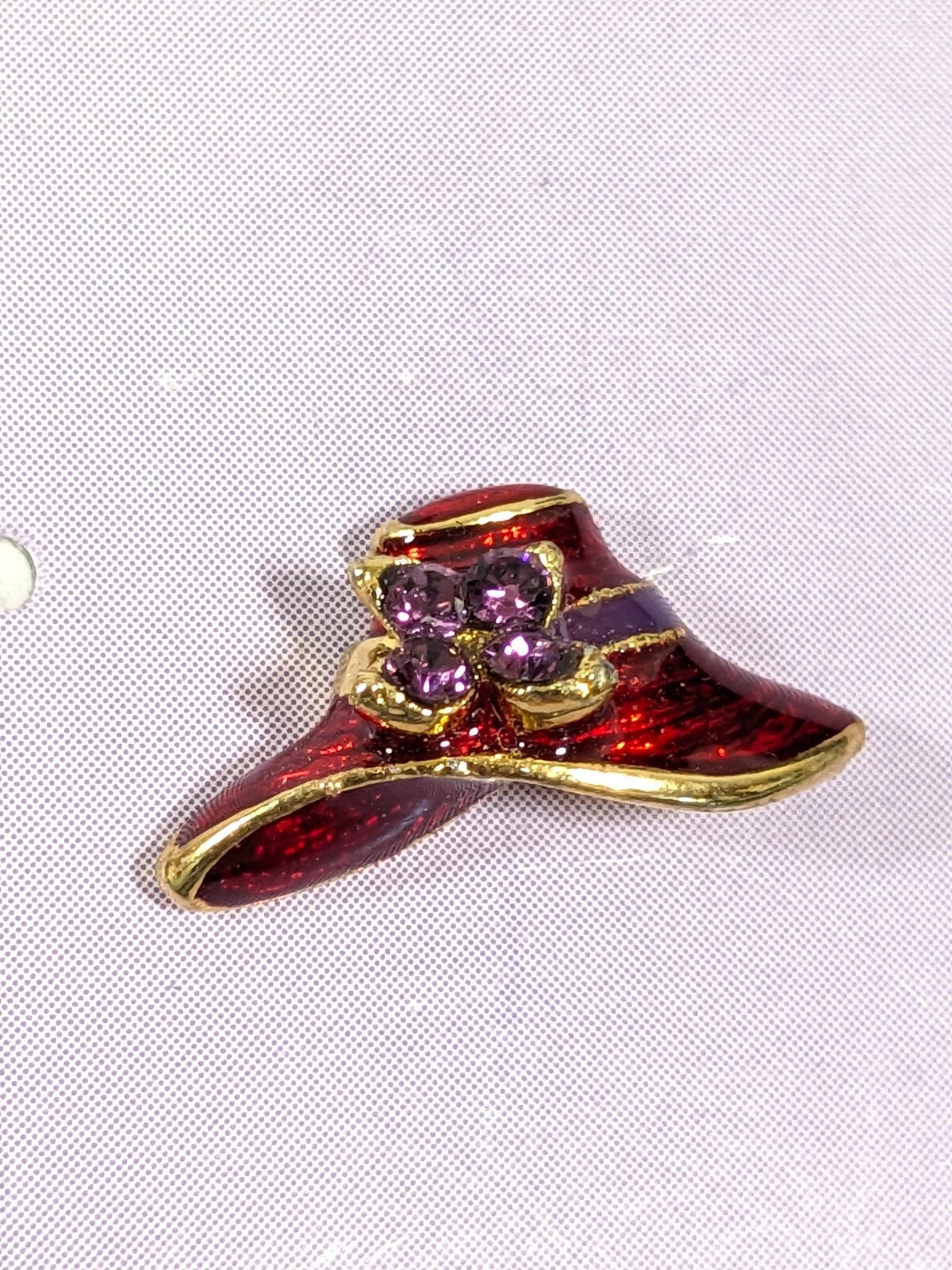 Vintage Ladies Red Hat Purple Rhinestone Enamel Pierced Stud Earrings