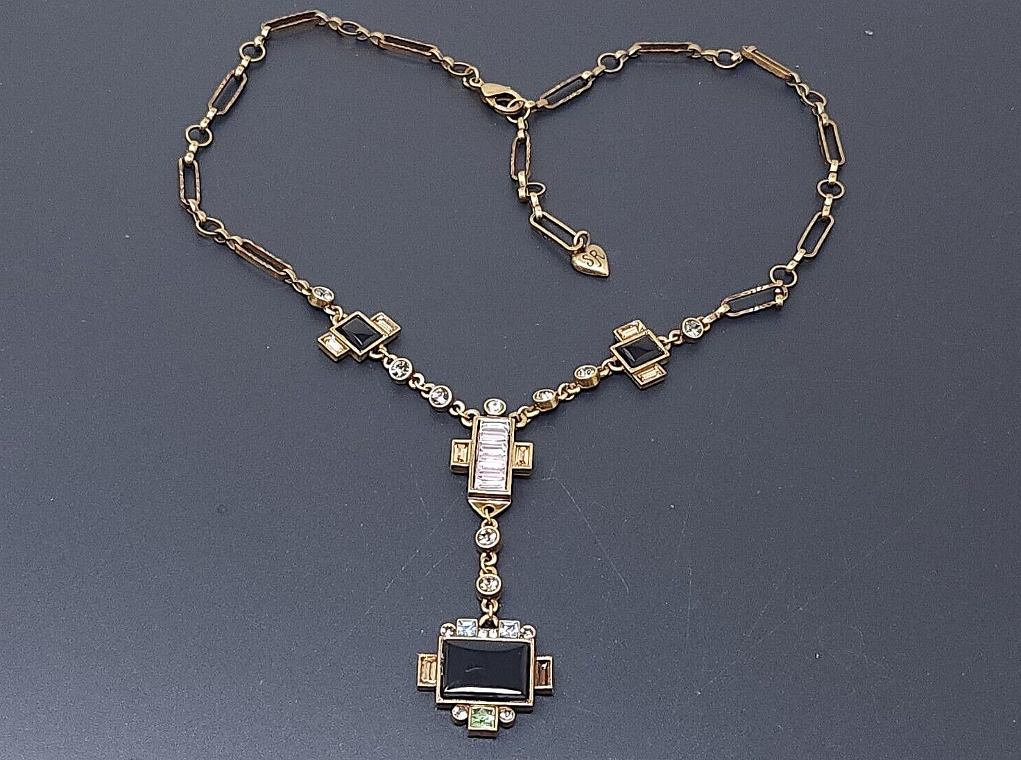 Vintage Sweet Romance Multicolor Rhinestone Art Deco Gold Tone Necklace 19″