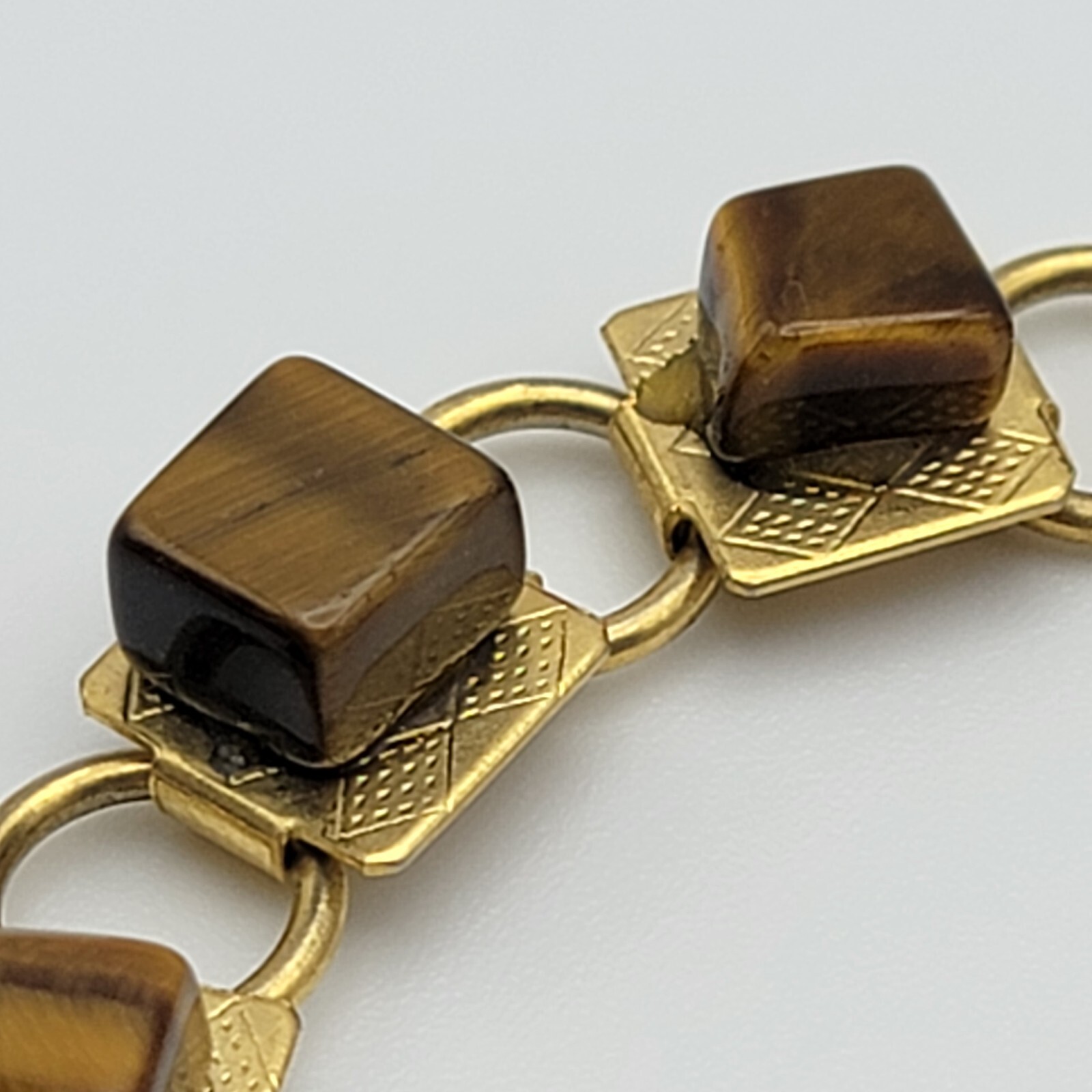 Vintage Art Deco Gold Tone Tiger’s Eye Square Bead Bracelet 7.25 in Fold Clasp