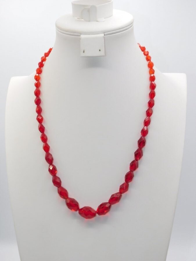 B380-ANTIQUE NECKLACE~RED FACETED GLASS BEADS~22″ LONG
