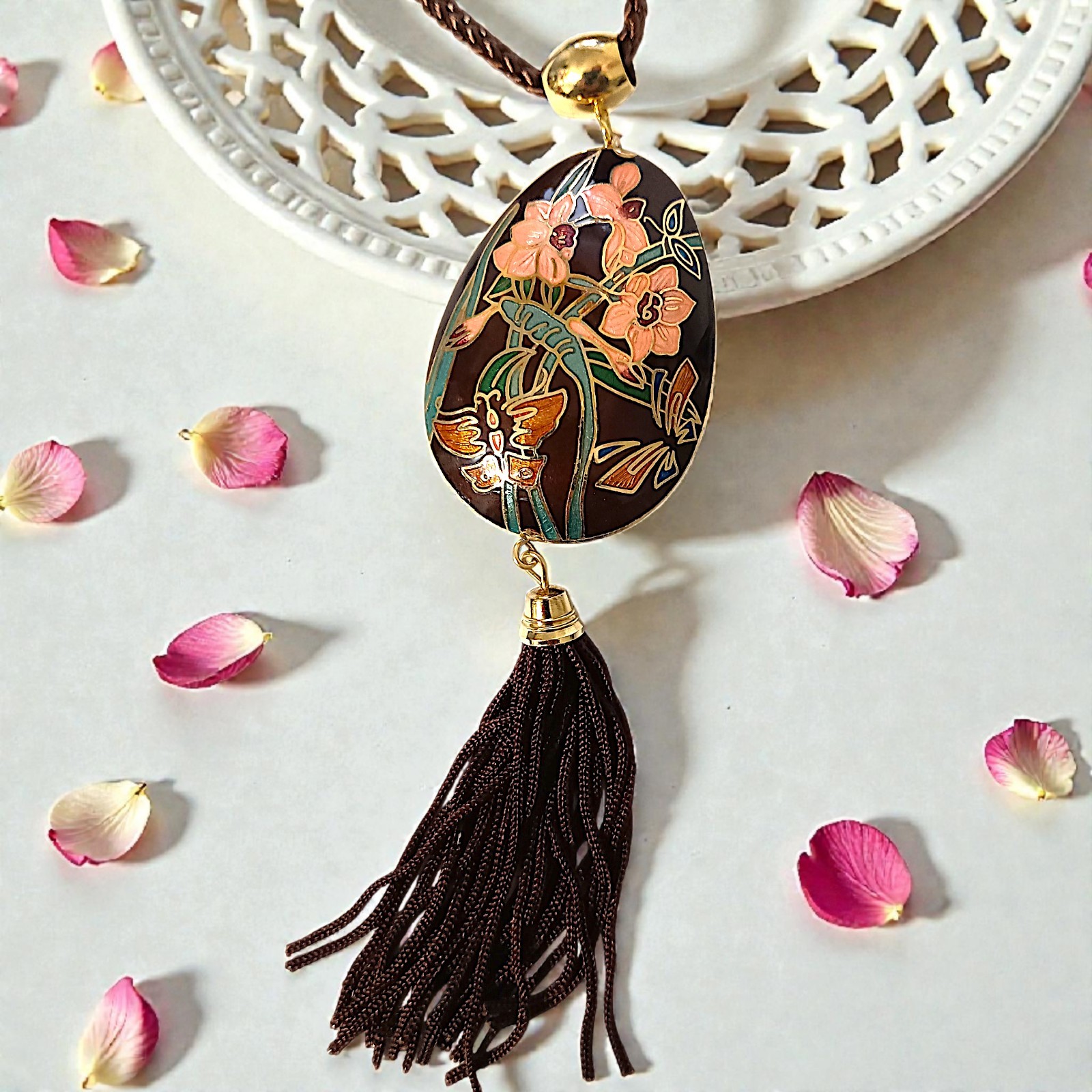 Vtg Butterfly Cloisonne Necklace 70s Pendant Tassel Woven Cord Brown Dual Sided
