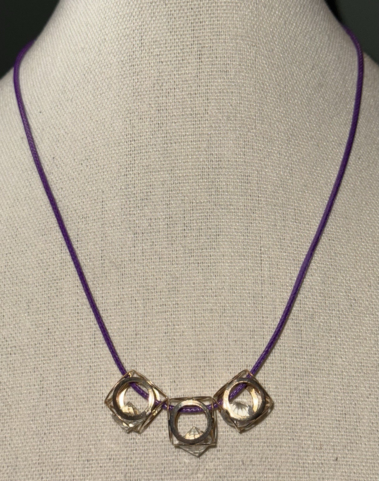Vintage 1970’s Goldtone & Glass Gem 3 Cube Pendant On Purple Cord Necklace