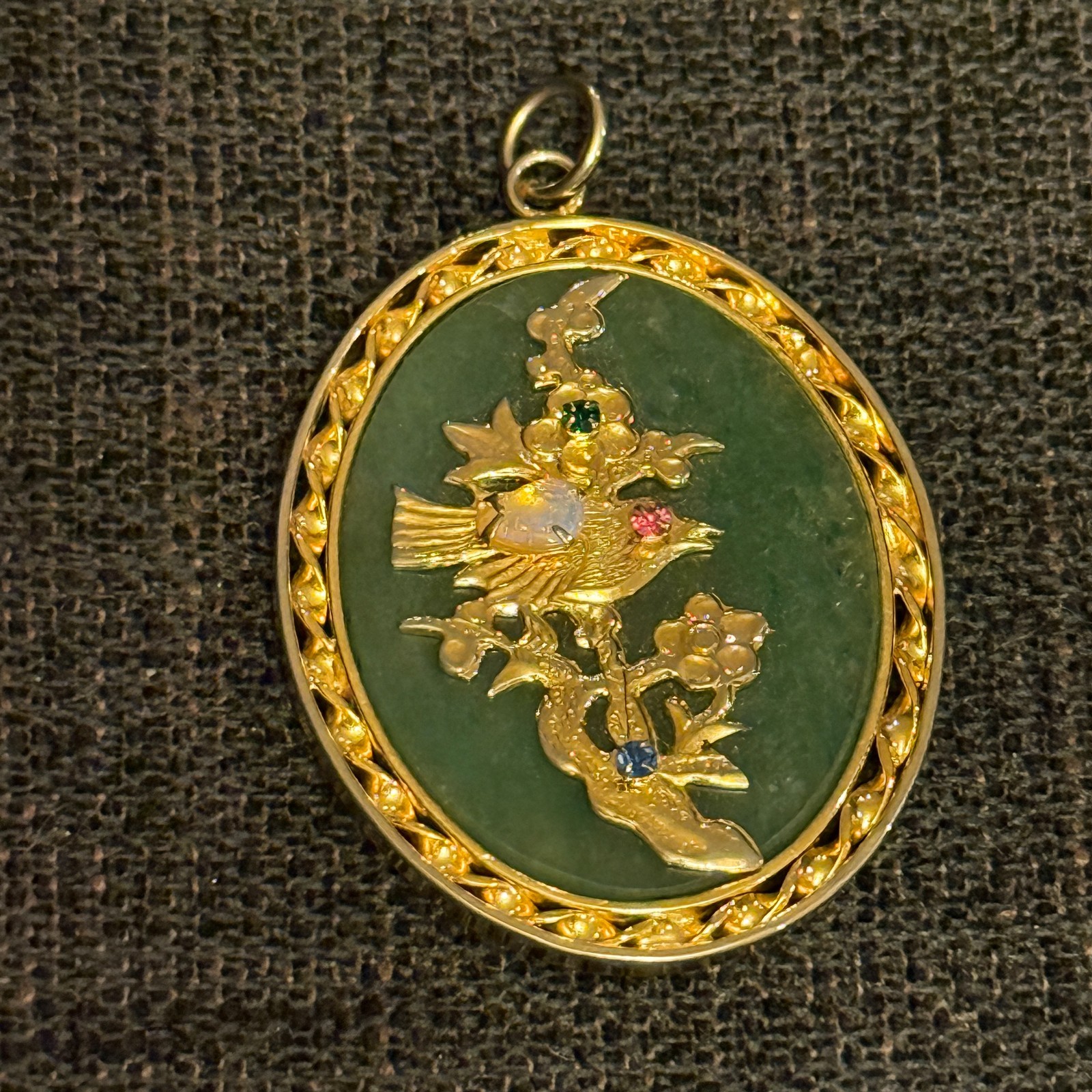 VTG Chinese Jade Pendant Opal Ruby Sapphire Emerald Bird Gold Tone Reversible Fu