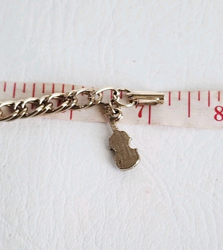 Vintage Musical Violin Instruments Charm Bracelet Gold Tone Rhinestone Notes 7″