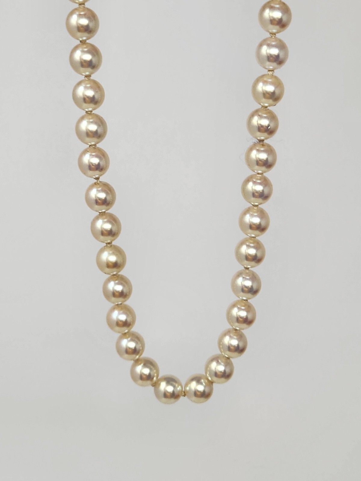 Heavy Hand-Knotted Faux Pearl Necklace 19″ Sheen 8mm Hook Clasp Marked 835 VTG