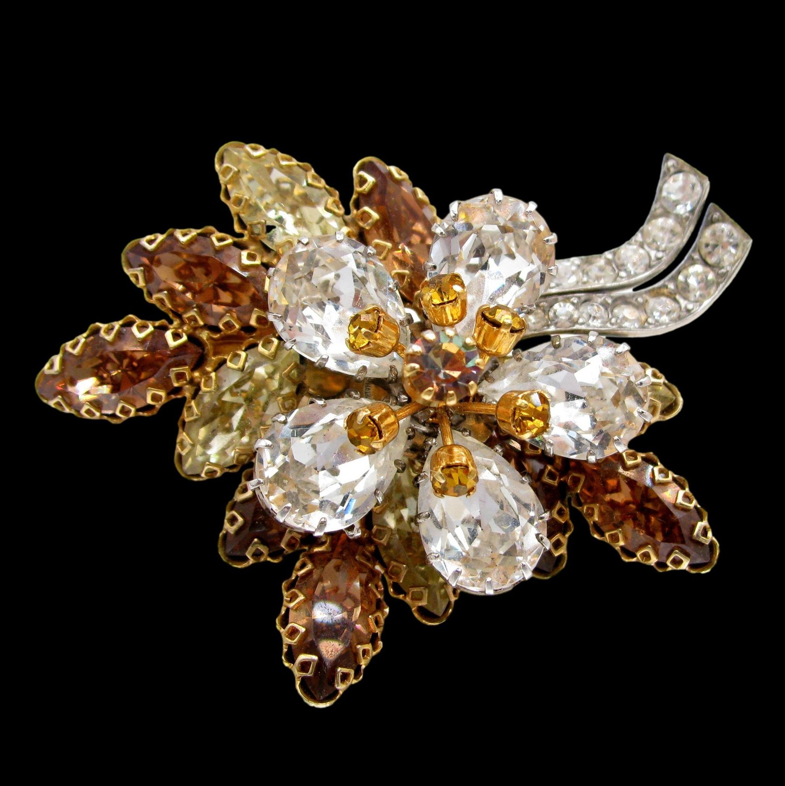 Amazing AUSTRIA Floral Rhinestone Pin Gold Silver Tone Austrian Brooch