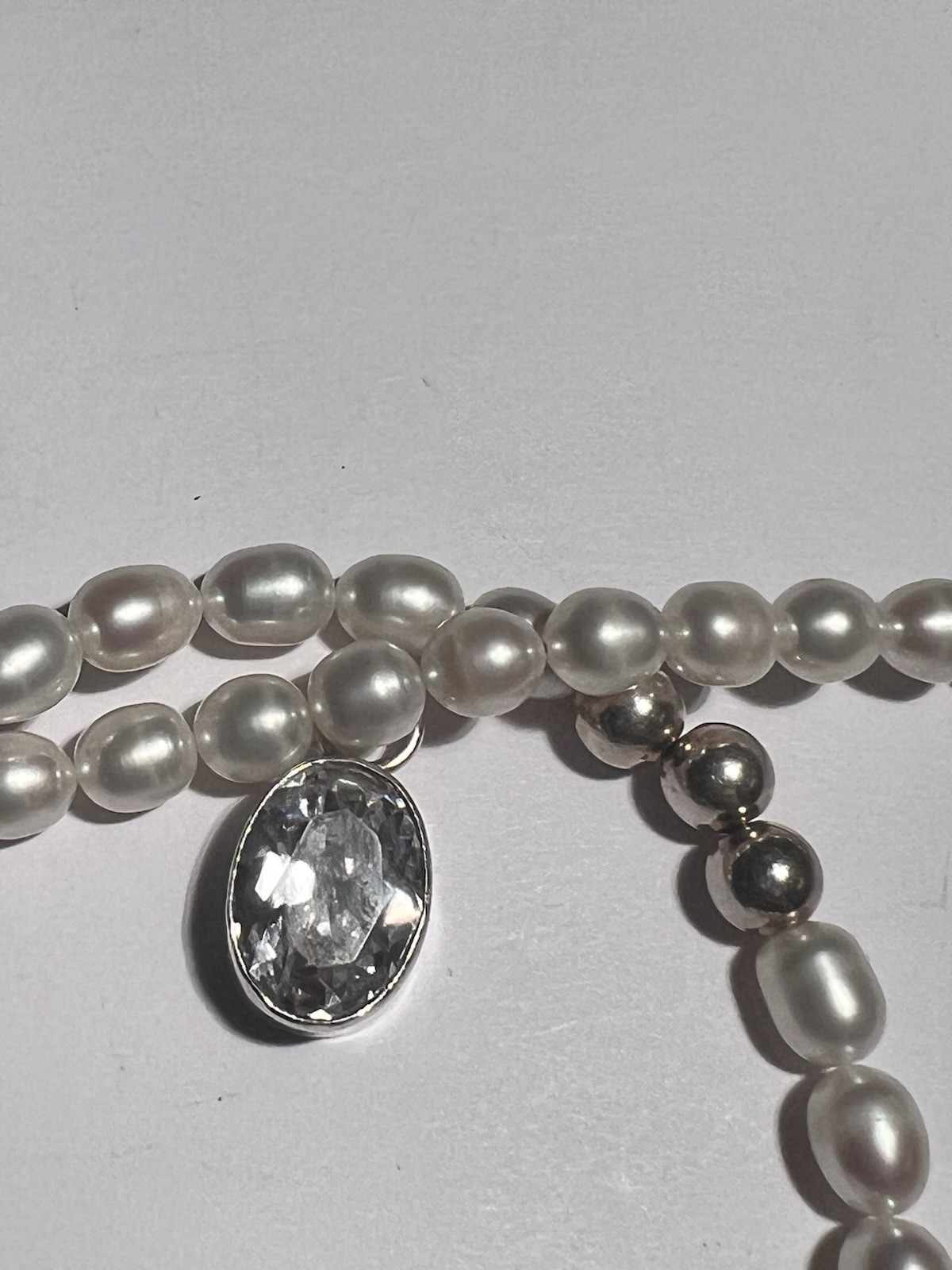Harlene Korey Kalibre Sterling Freshwater Pearl Necklace Crystal Pendant