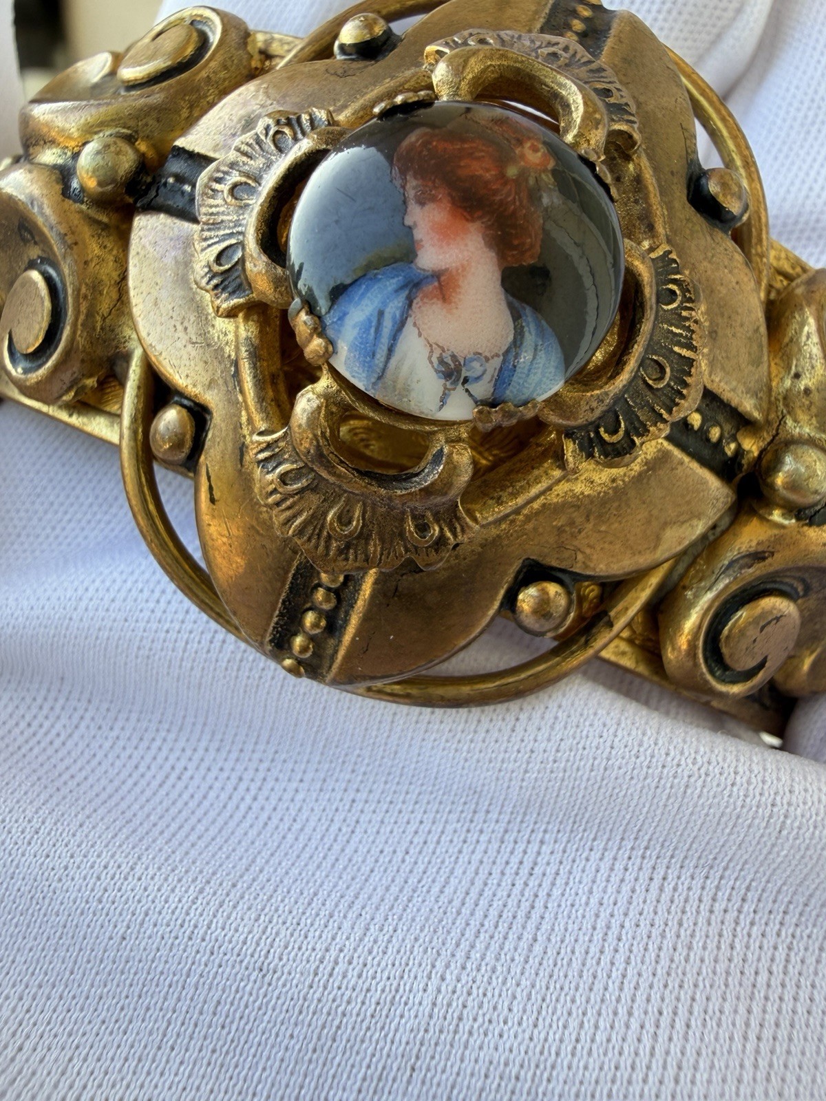 Antique Victorian Porcelain Miniature Portrait Bangle Cuff Bracelet C. 1900