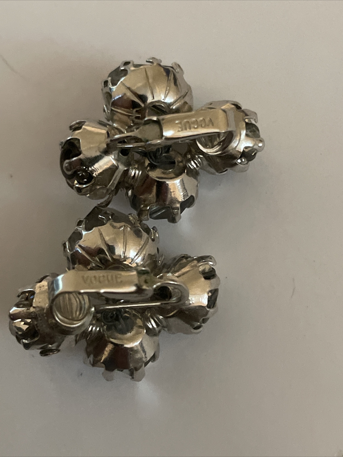 Vintage Vogue Clear Crystal And Rhinestone Silver Art Deco Beaded Clip Earrings