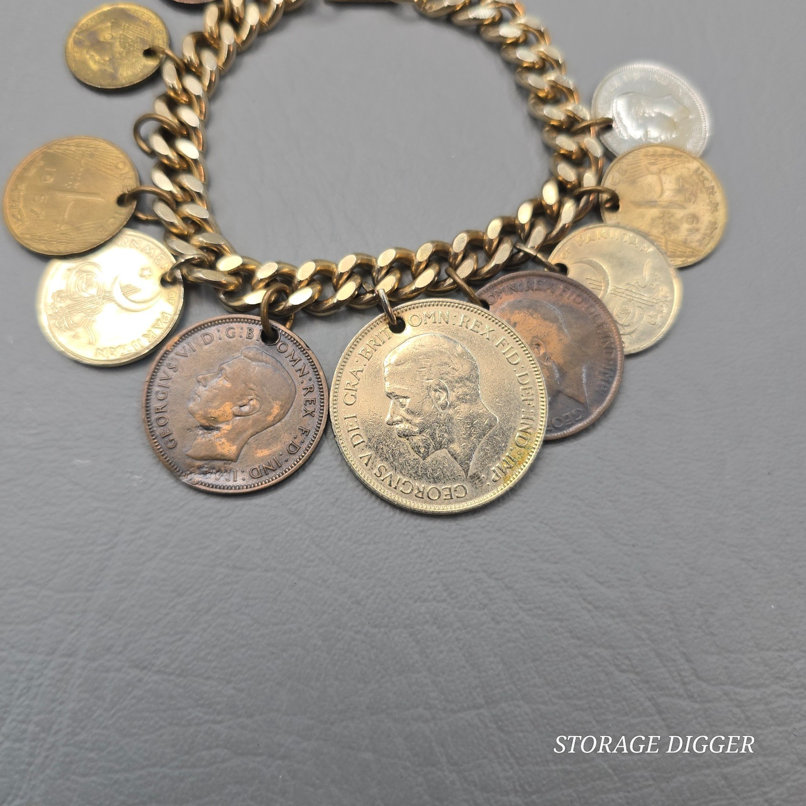Vintage World Coins Charm Bracelet, Gold Tone Curb Link Chain, Fold Over Closure