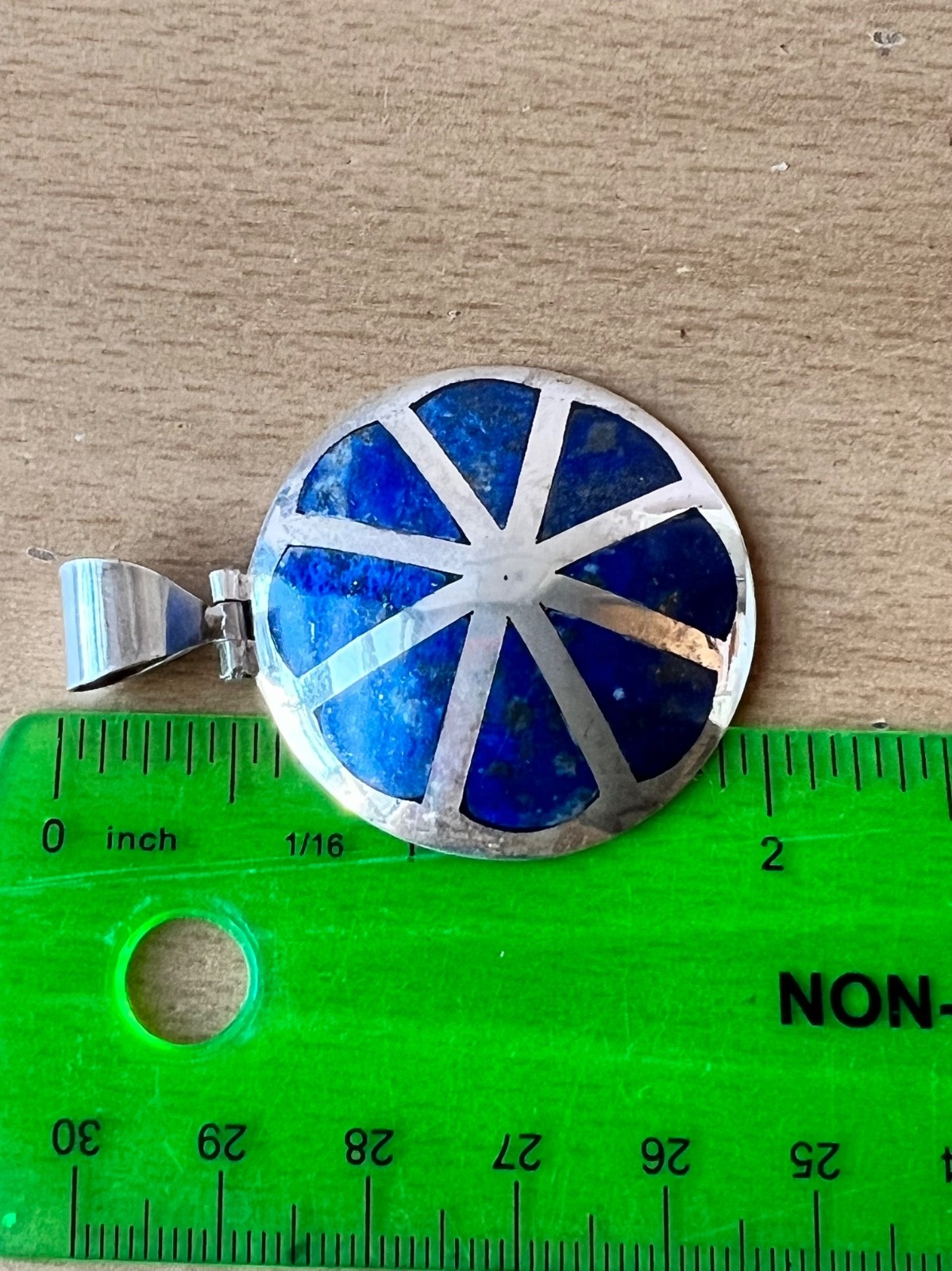 VINTAGE LARGE 980 FINE STERLING SILVER OVERSIZED LAPIS INLAID STATEMENT PENDANT