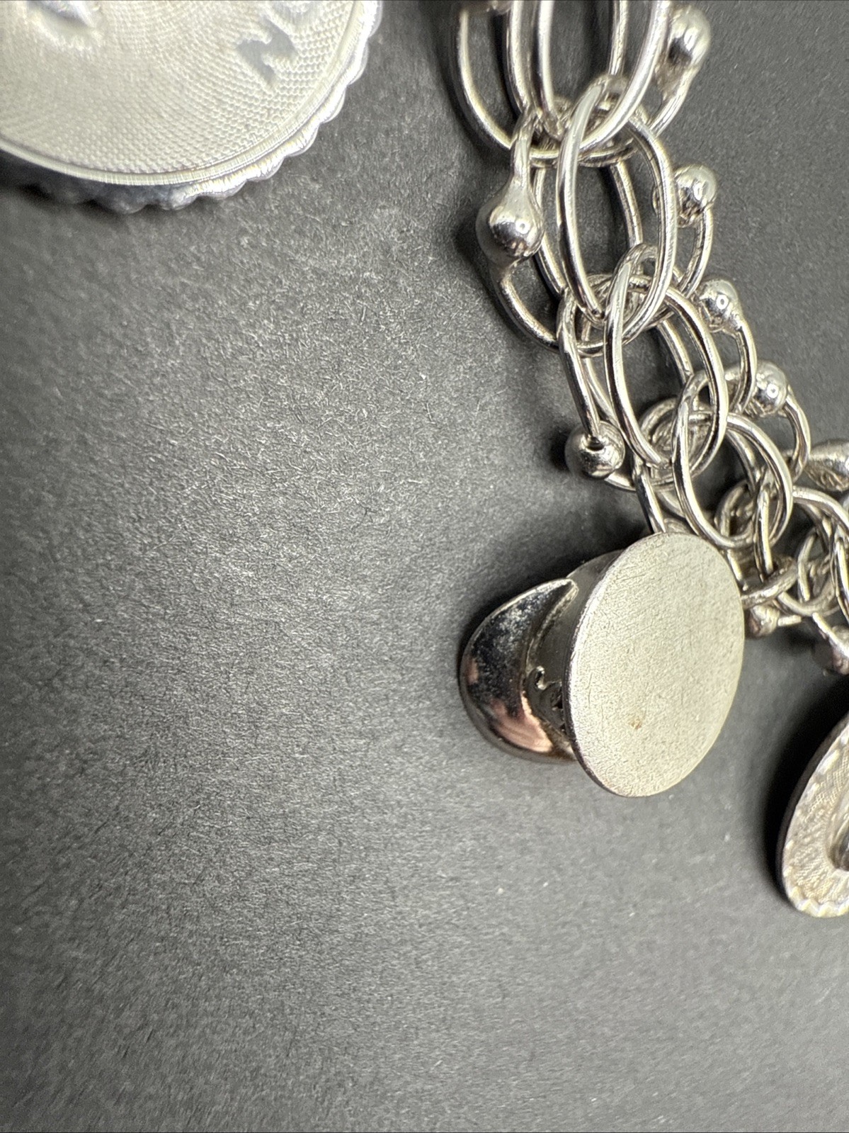 VINTAGE STERLING SILVER CHARM BRACELET Champagne Hat Barrel Grad 32 G 7” J13