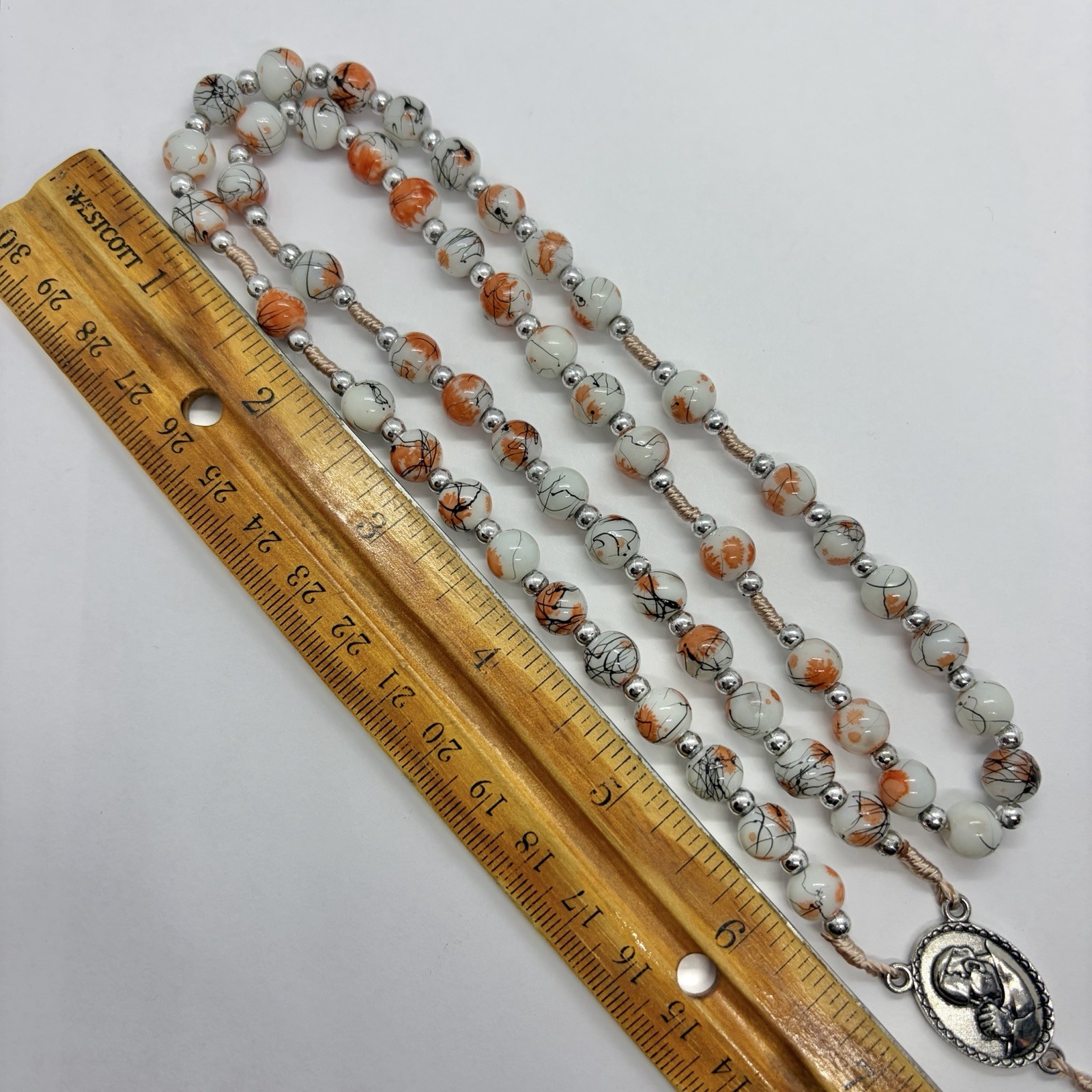 Vtg Catholic Religious Orange Rosary Glass Beads Necklace Silvertone Prayer