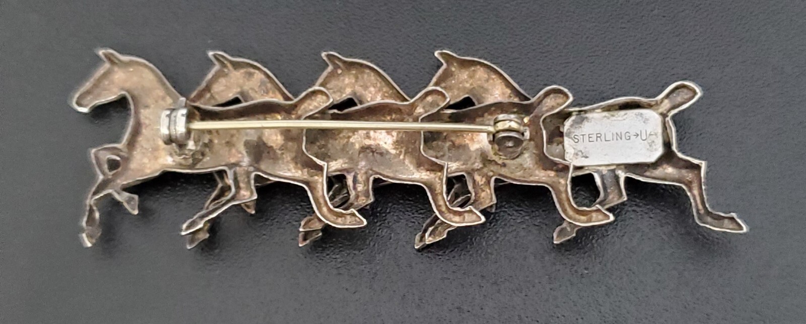 Vintage UNCAS Sterling Silver 4 Horses Galloping Equestrian Good Luck Brooch