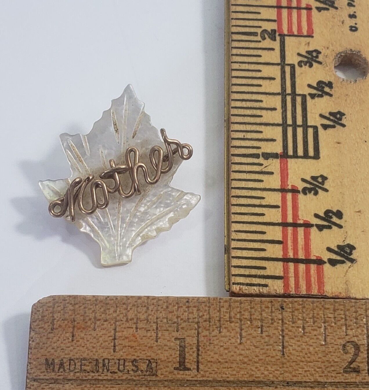 Vintage Mother of Pearl Leaf “Mother” Pin Brooch about 1″ Cursive Script Wire