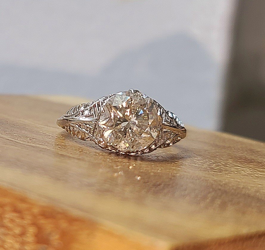 Vintage 18k White Gold Engagement Ring 2.75ct Natural Light Champagne Diamond