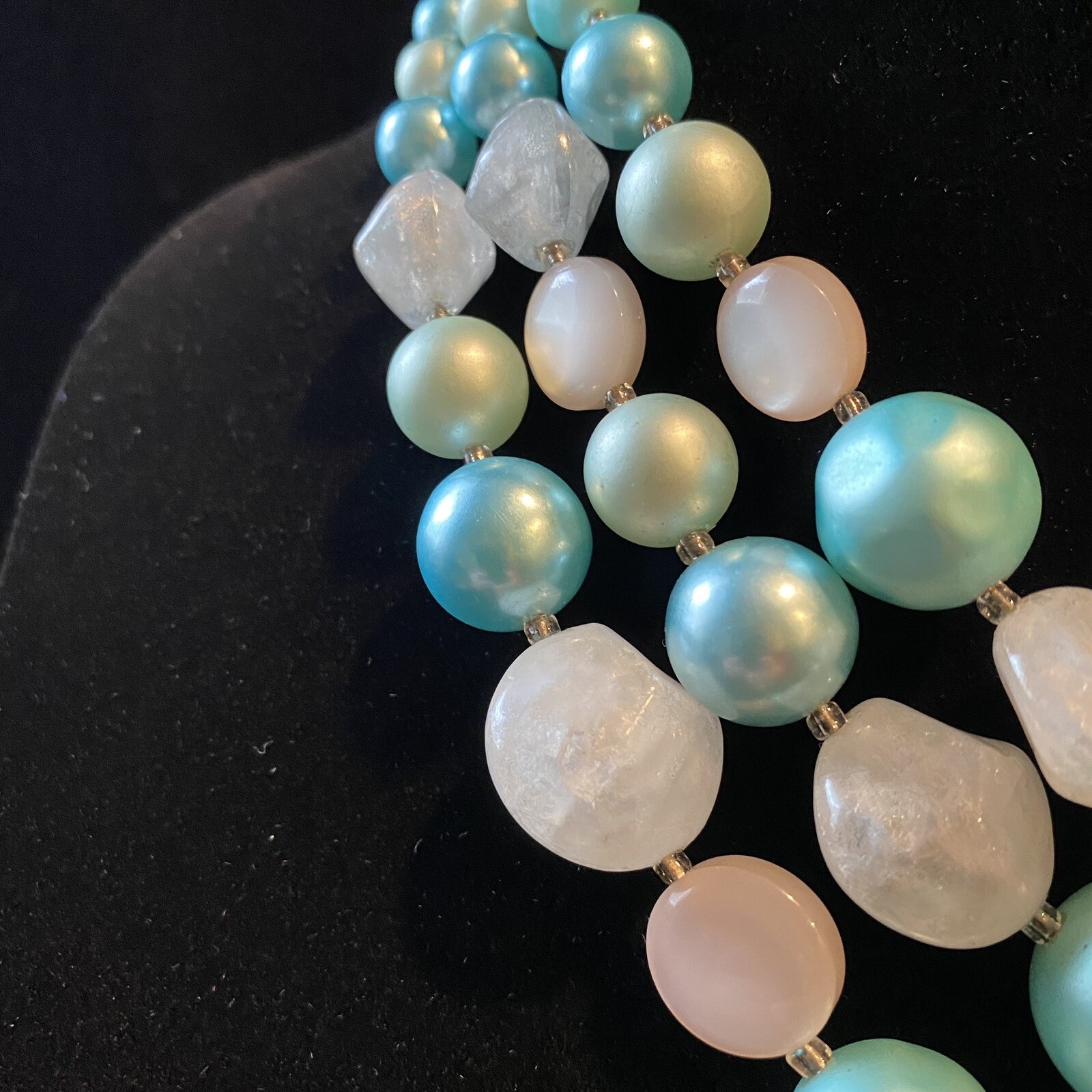 Vintage JAPAN three strand teal blue and white bead necklace. Great condition!