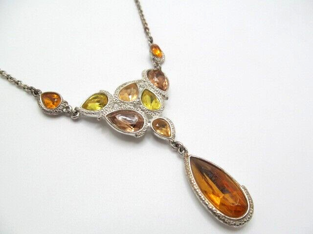 Vintage Yellow Orange Peach Glass Bead Setting Lariat Dangling Necklace 16.5 In