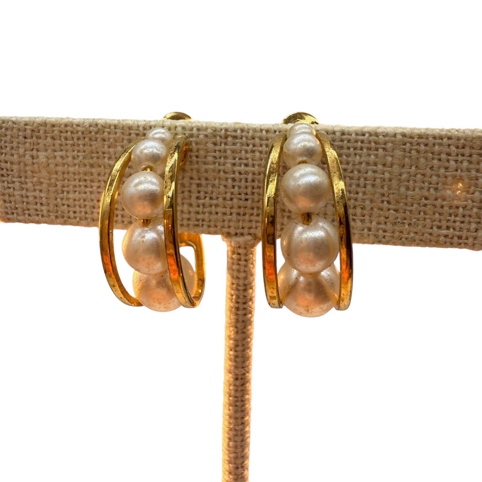 Napier Earrings Faux Cage Hoop Gold Plated Adjustable Clip-on 3/4” White BOHO B5