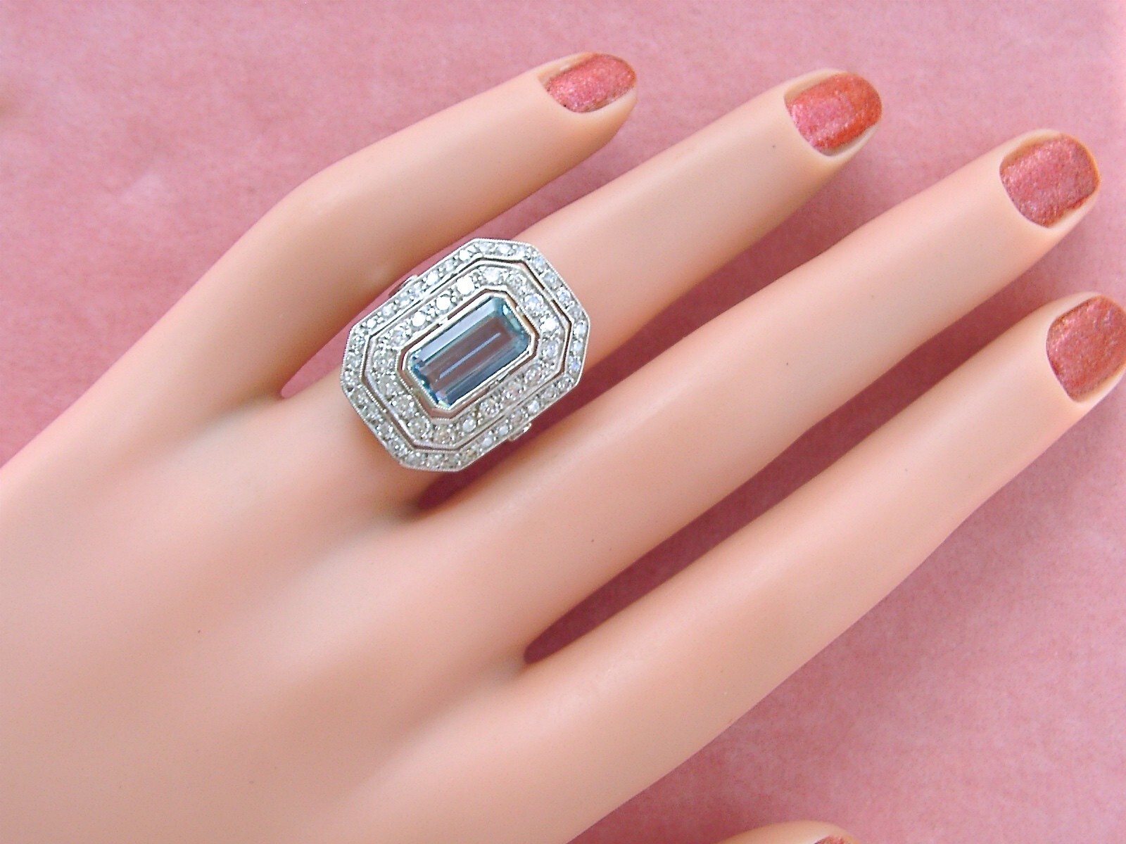 ESTATE DECO 1.55ct AQUAMARINE 1ctw OLD DIAMOND PLATINUM COCKTAIL RIGHT-HAND RING
