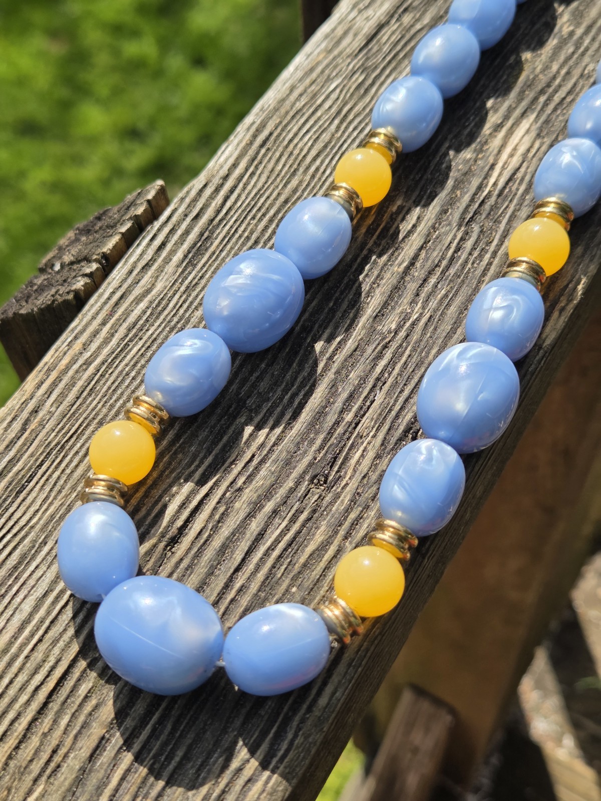 Vintage Avon Lucite Moon Glow Necklace 80s Blue Orange Gold Tone Plastic Beaded